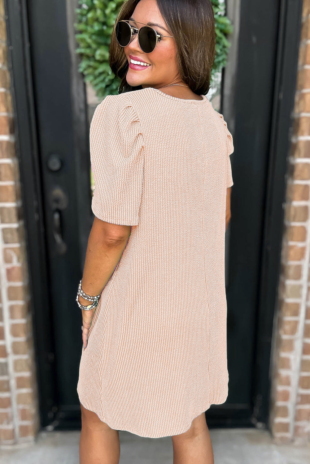 Corded Knit Crew Neck Puff Sleeve Shift Mini Dress
