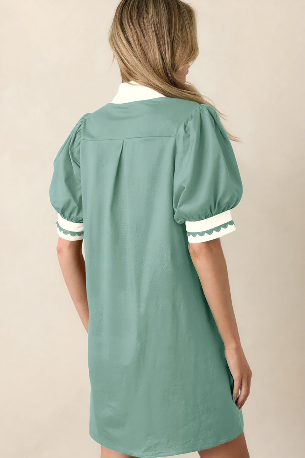 Scallop Color Block Trim Puff Sleeve Mini Dress