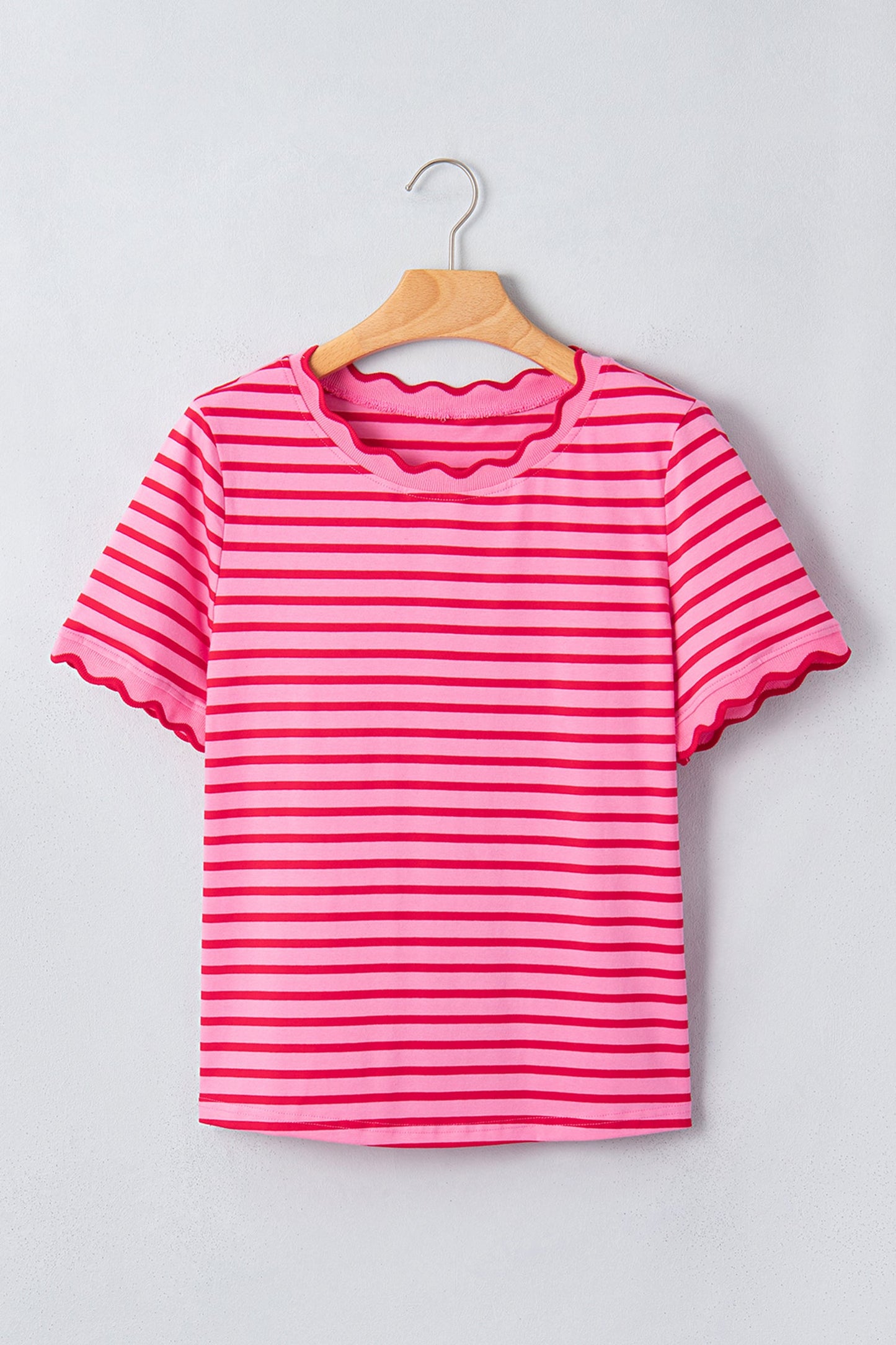 Pink Stripe Scalloped Trim Round Neck T Shirt