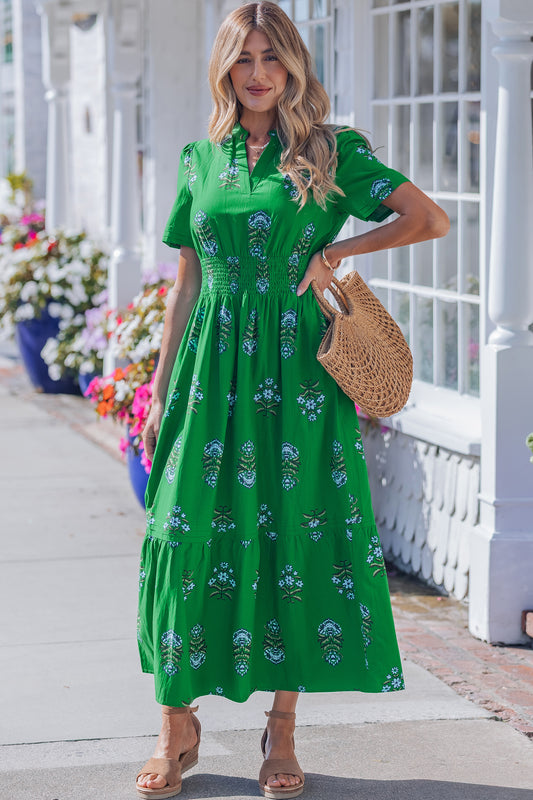 Floral Print Split Neck Shirred High Waist Ruffle Hem Maxi Dress