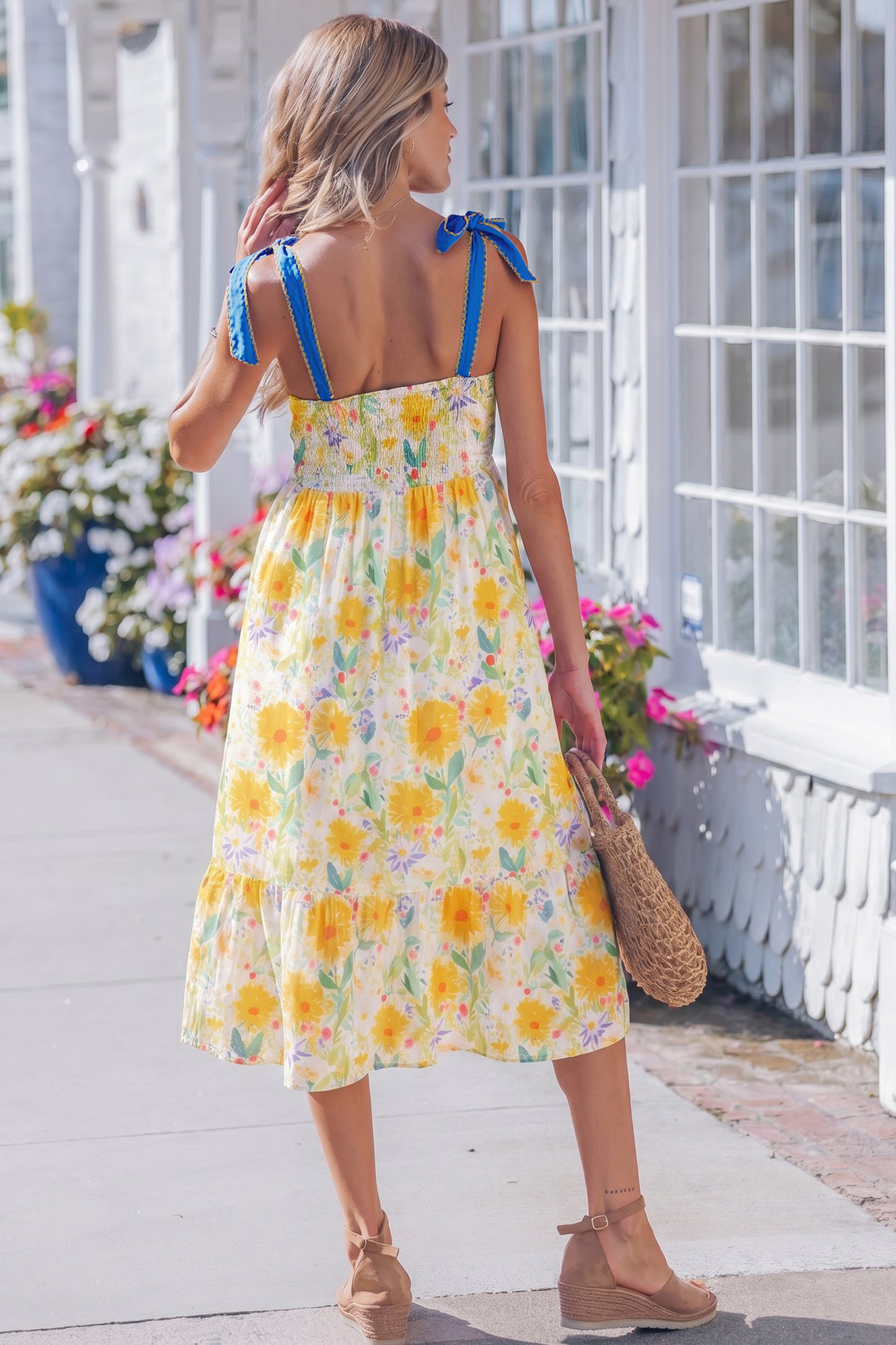 Floral Print Contrast Stitched Knot Denim Straps High Waist Dress