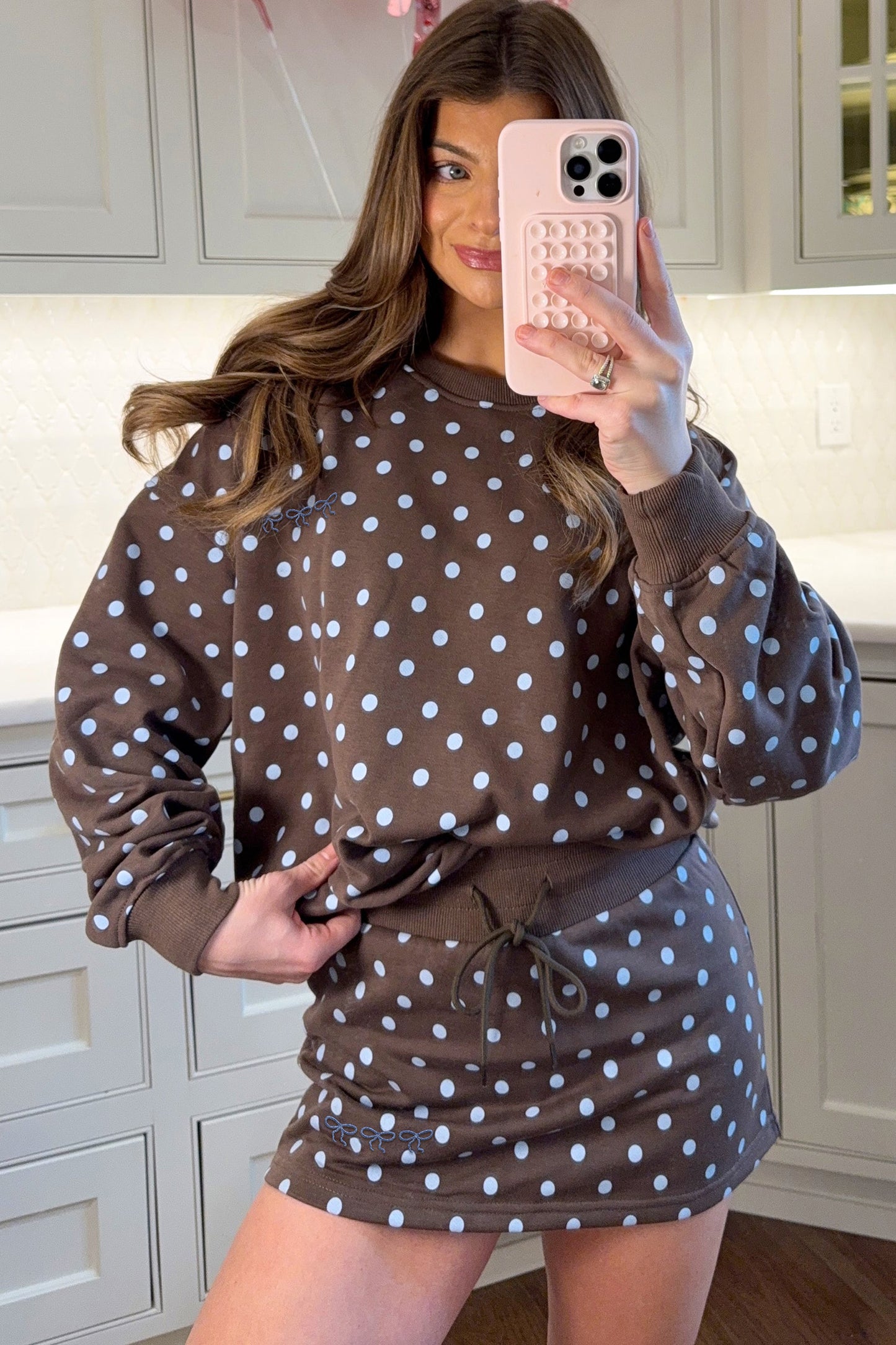 Polka Dot Embroidered Bow Detail Skort Set