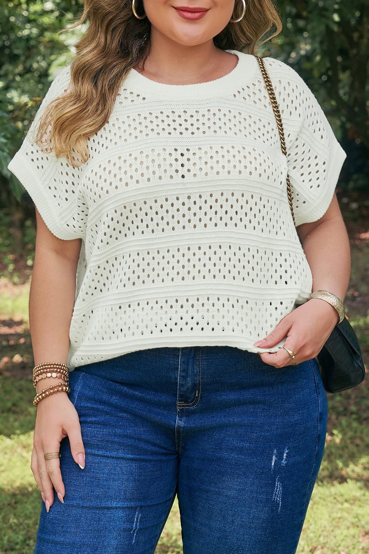 Eyelet Ribbed Trim Short Sleeve Dolman Sweater