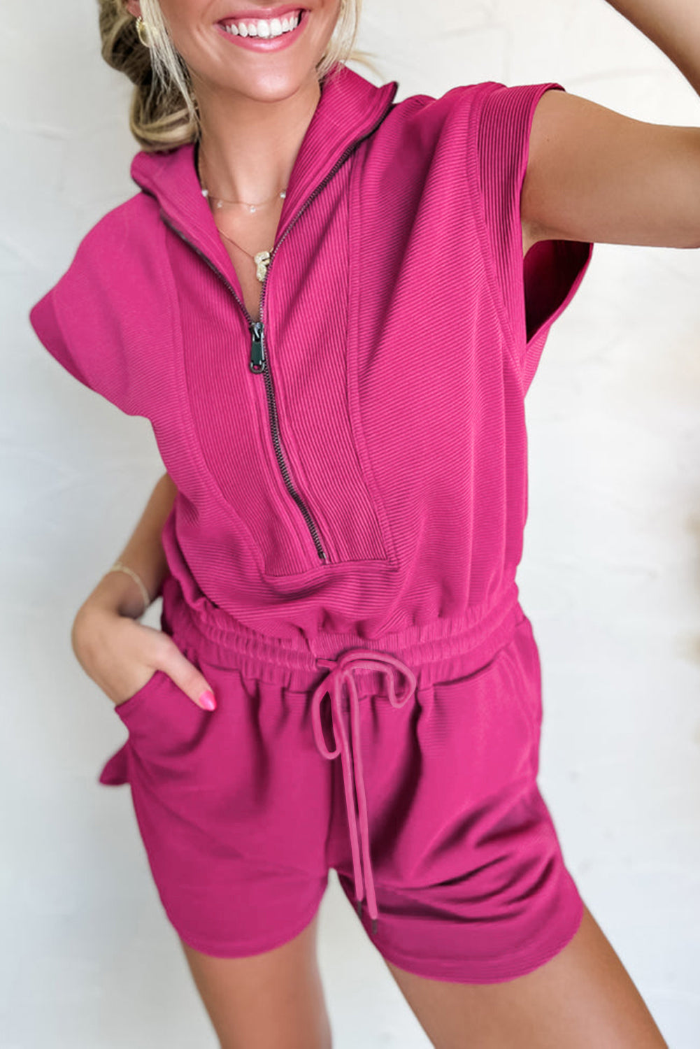 Textured Short Sleeve Half Zip Drawstring Elastic Waistband Romper