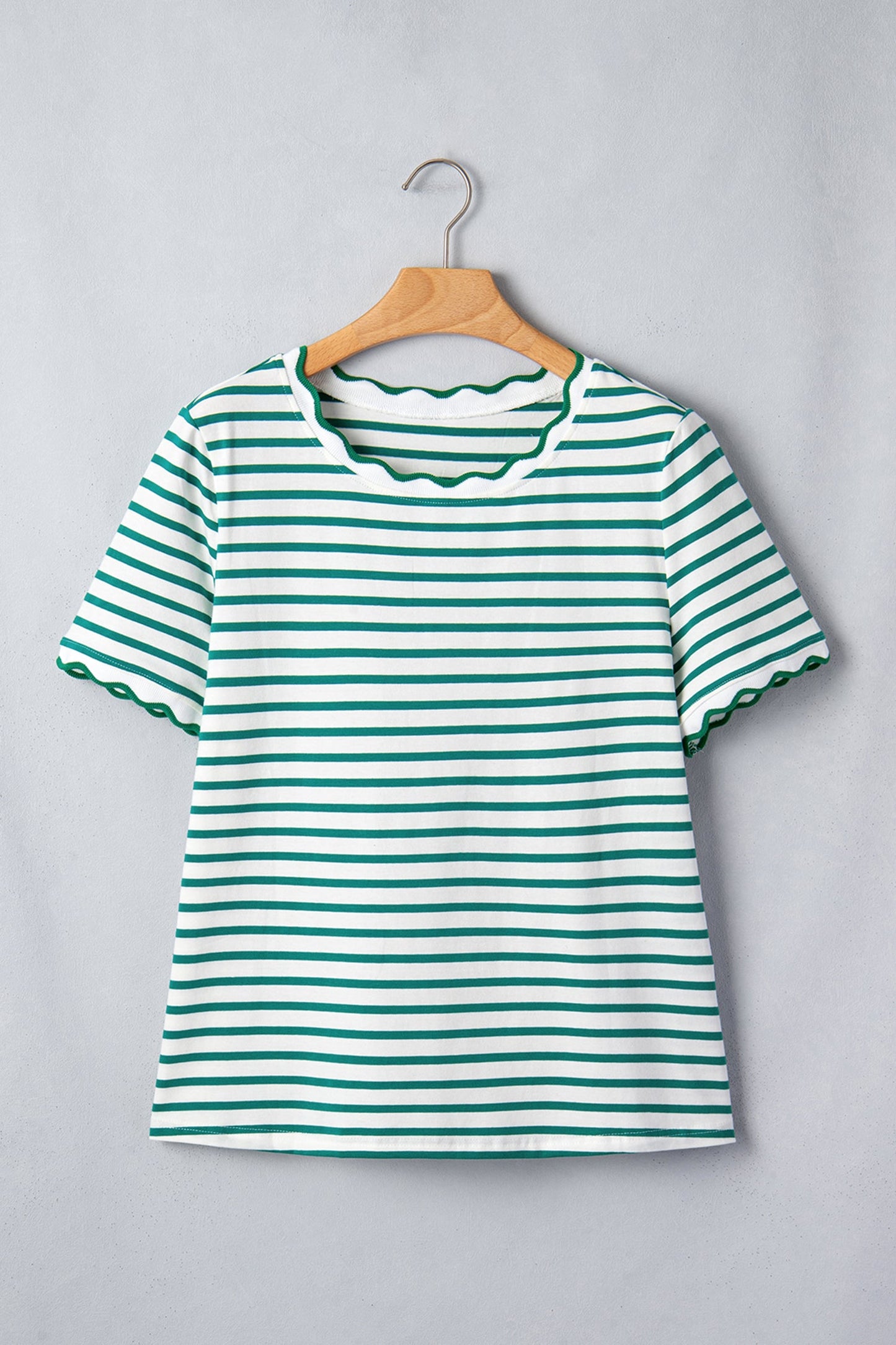 Green Stripe Scalloped Trim Round Neck T Shirt