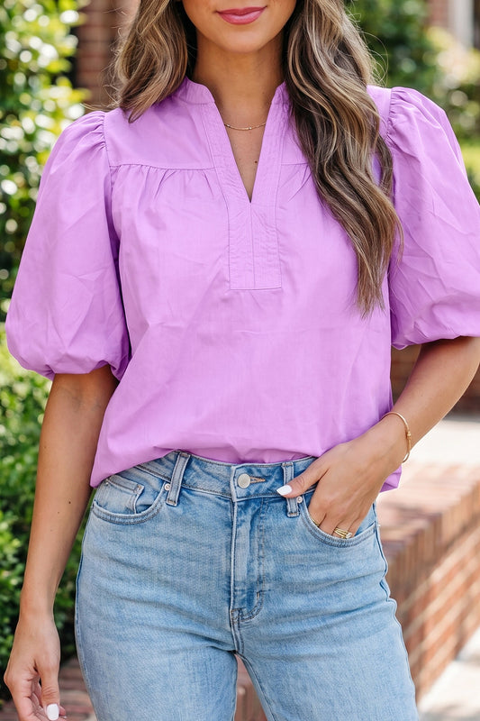 Stitched Detail Puffy Half Sleeve Blouse
