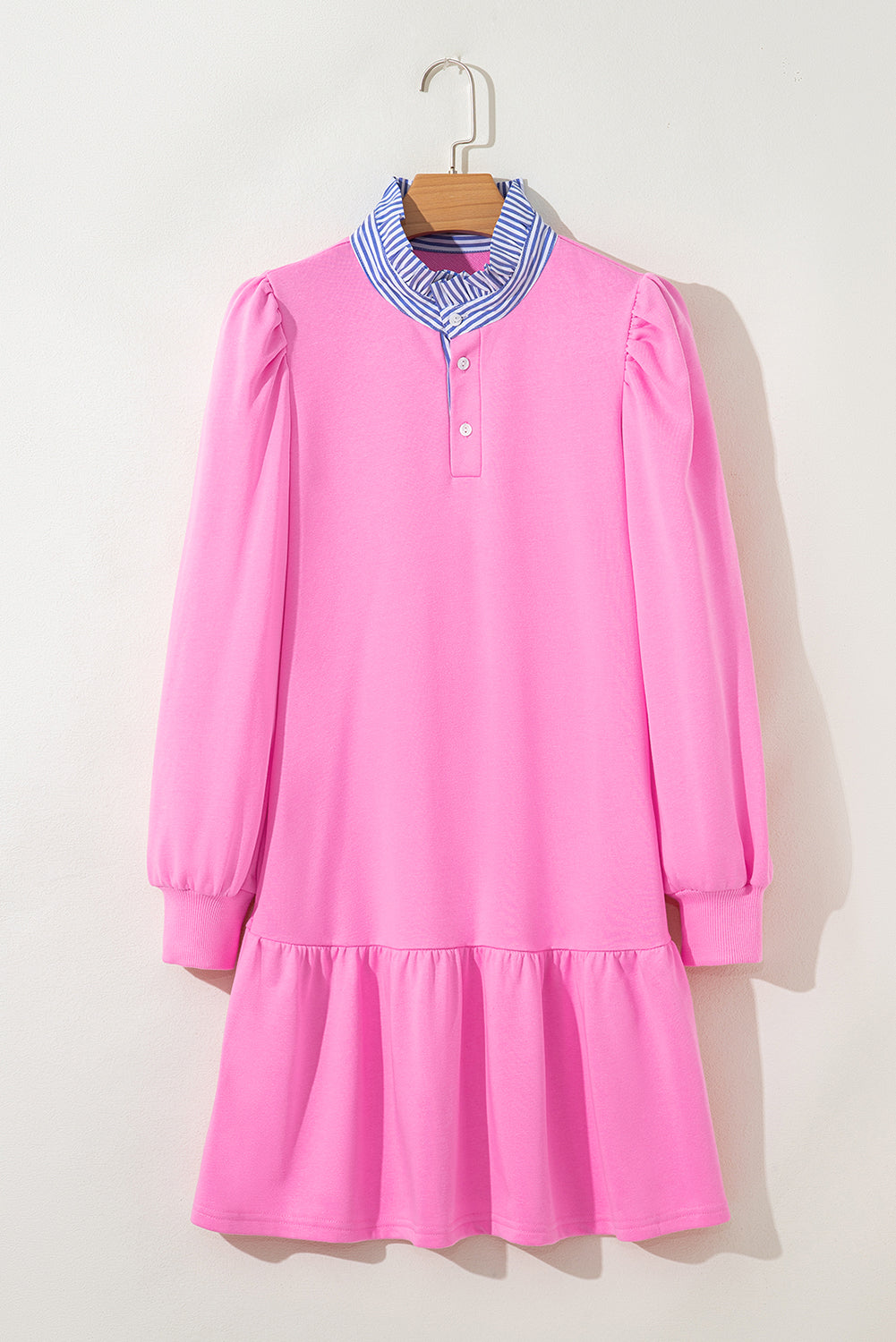 Contrast Striped Collar Patchwork Puff Sleeve Ruffle Hem Mini Dress