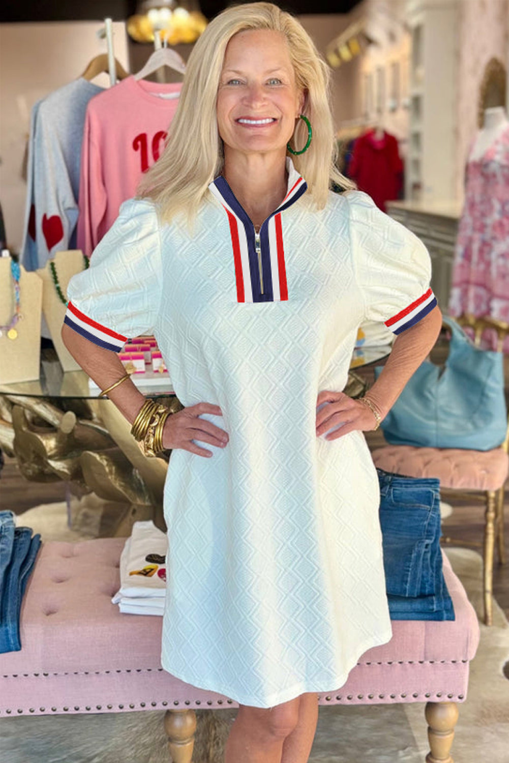 Textured Jacquard Colorblock Edge Puff Sleeve Quarter Zip Mini Dress