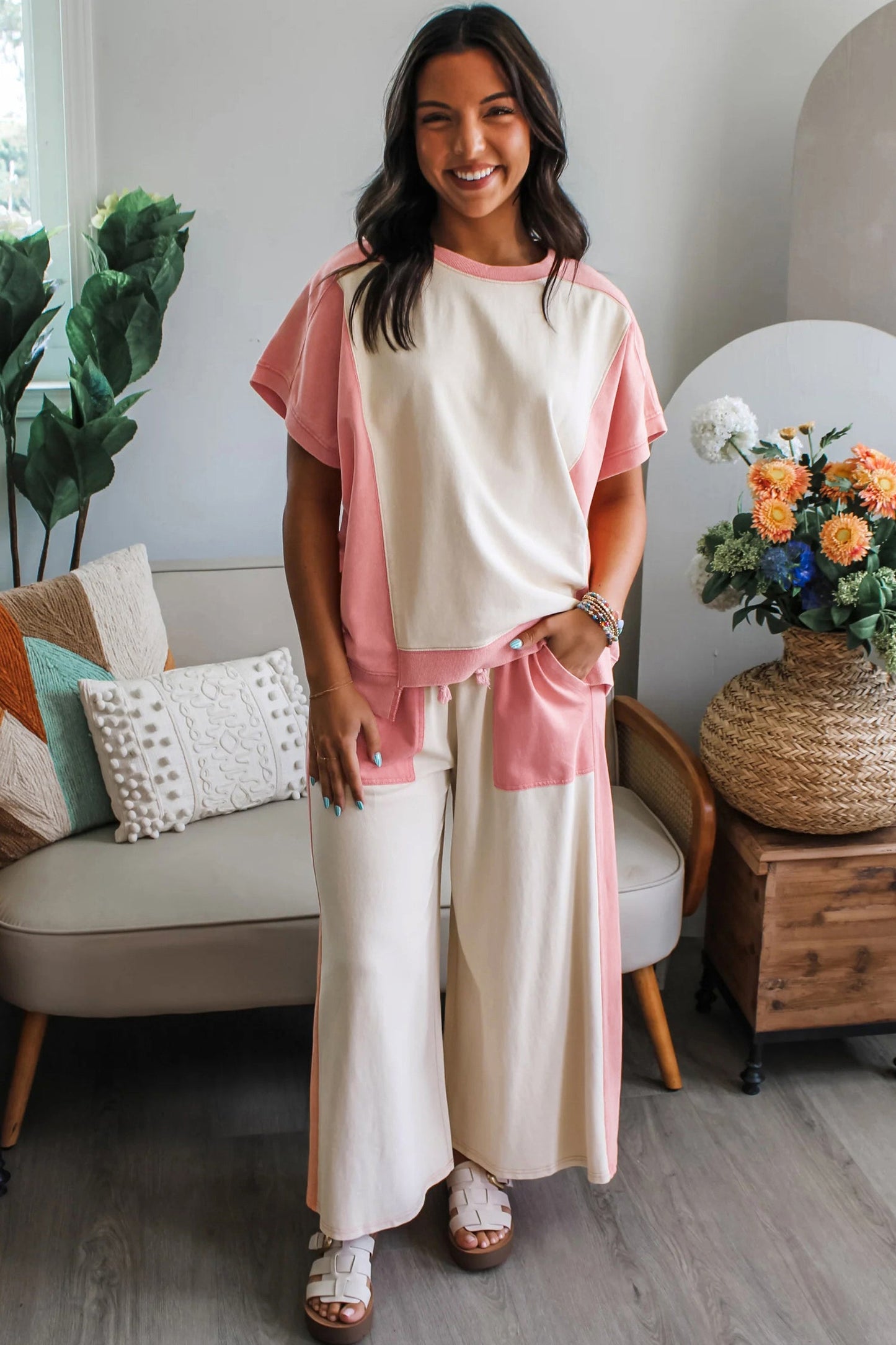 Two-tone Color Block Patchwork Pant Set