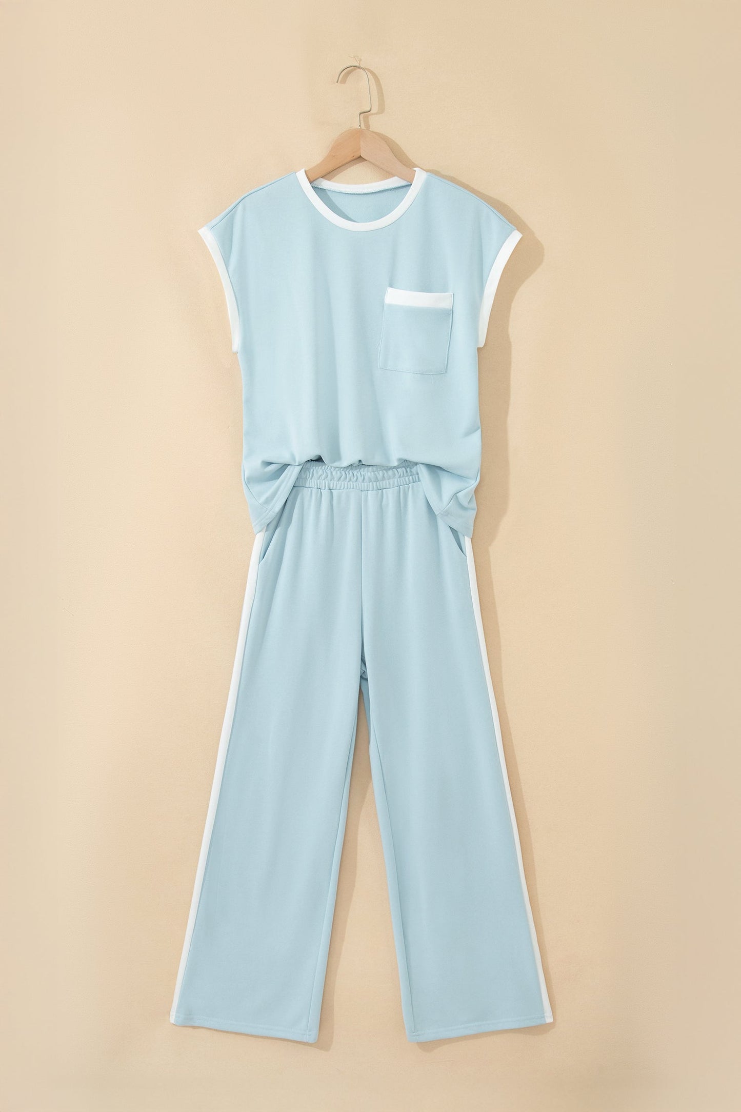 Mist Blue Contrast Trim Wide Leg Pant Set