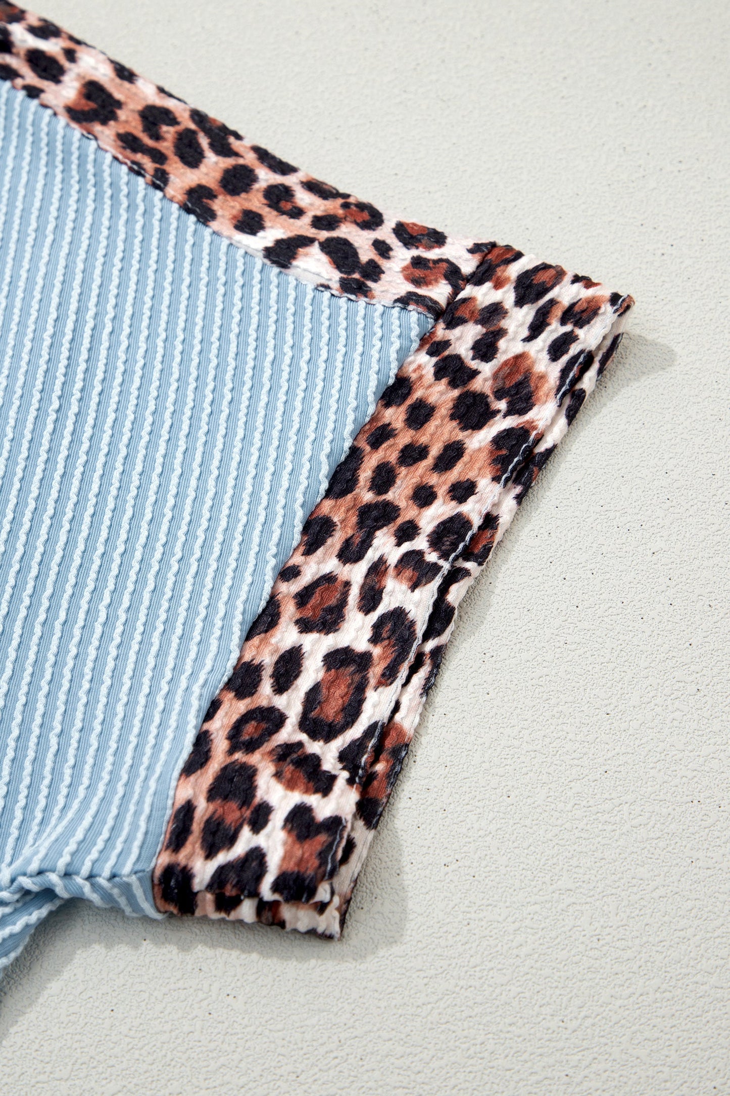 Sky Blue Leopard Trim Ribbed Short Set