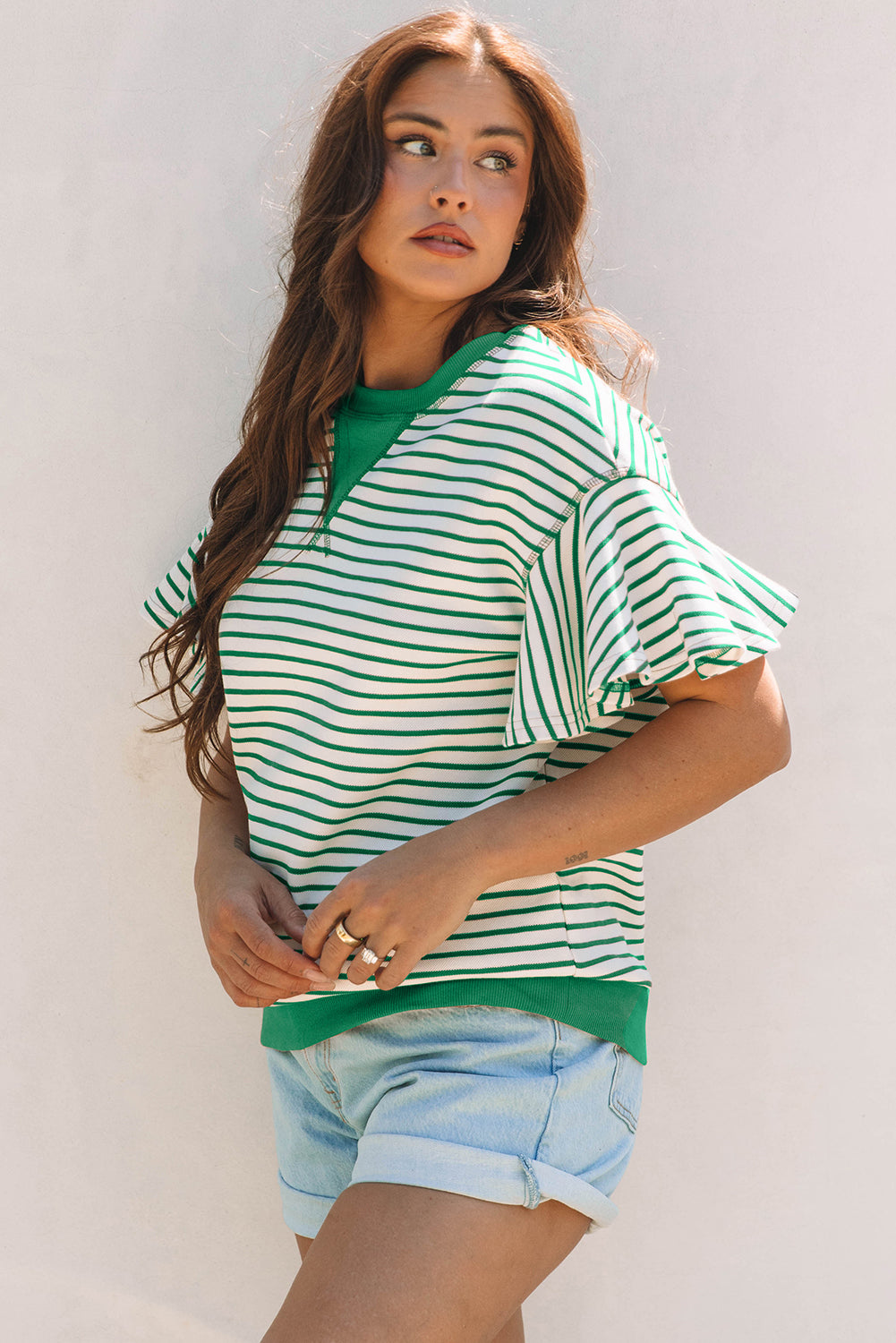 Sachet Pink Contrast Detail Striped Ruffle Short Sleeve Top