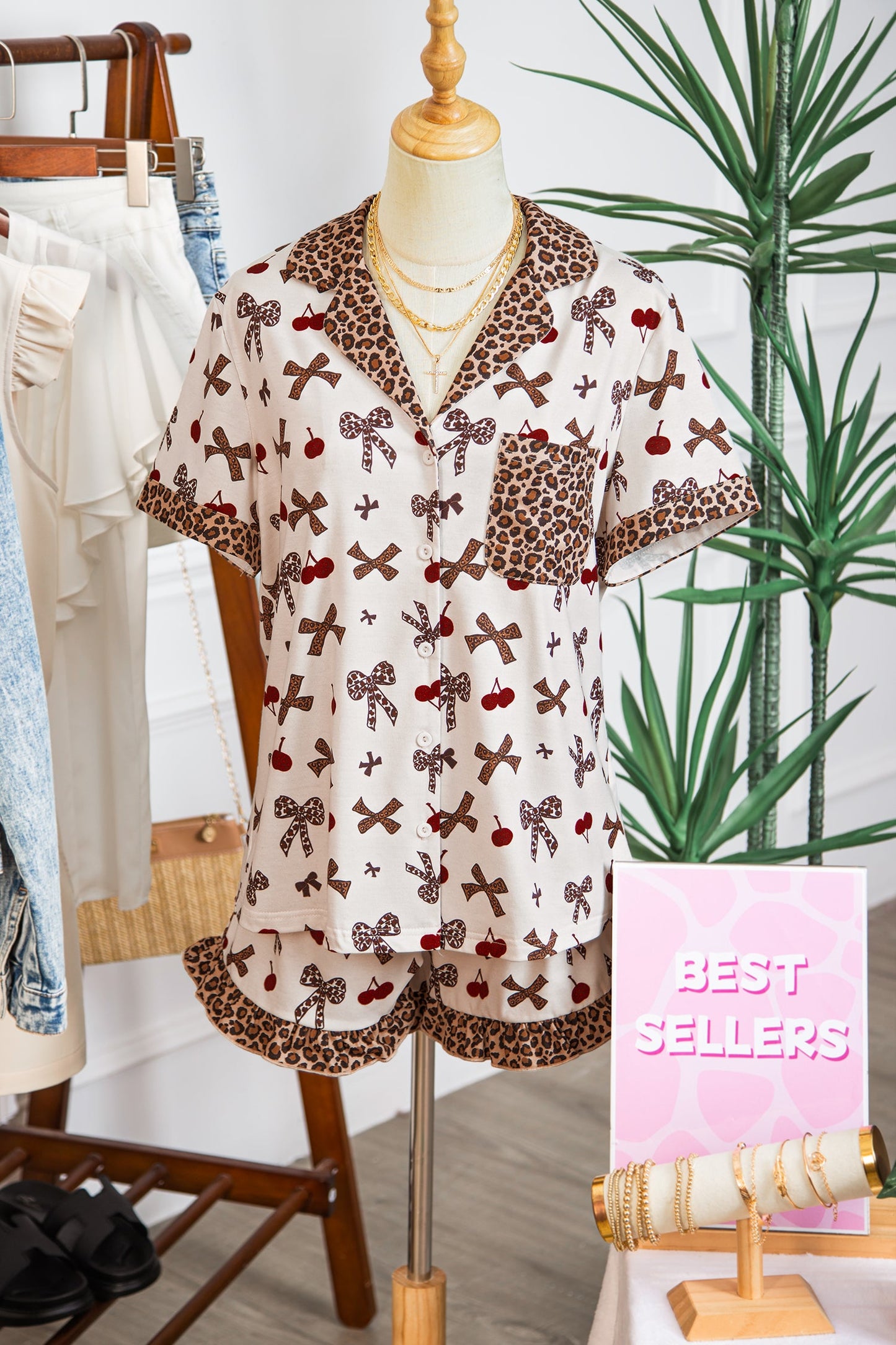 Cherry Printed Leopard Contrast  PJ Set