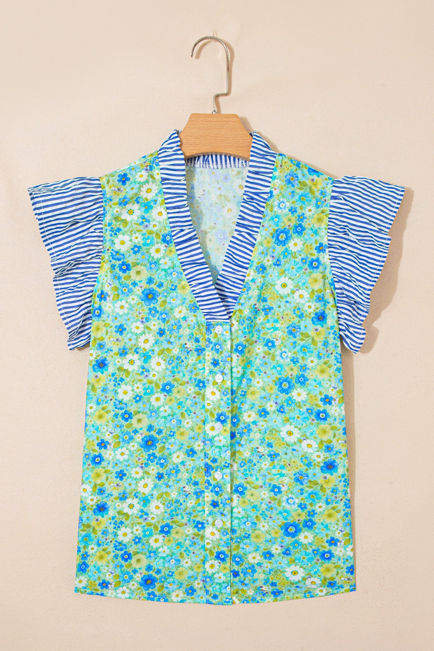 Green Floral Painting Print Striped Patchwork Flutter Sleeve V Neck Blouse
