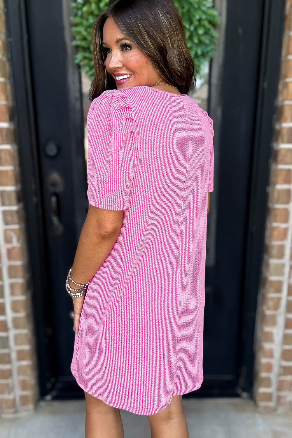 Corded Knit Crew Neck Puff Sleeve Shift Mini Dress