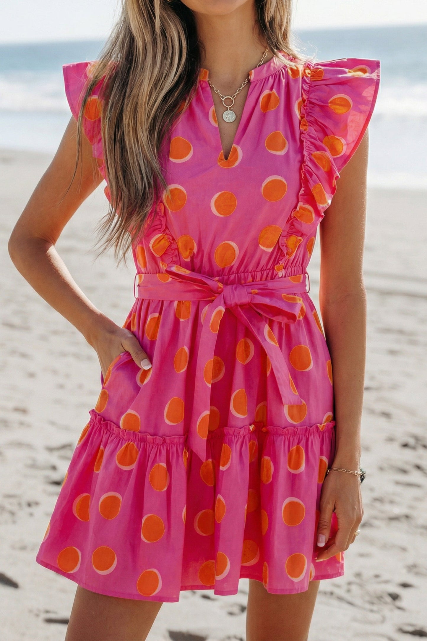 Rose Double Polka Dot V Neck Ruffled Short Sleeve Dress