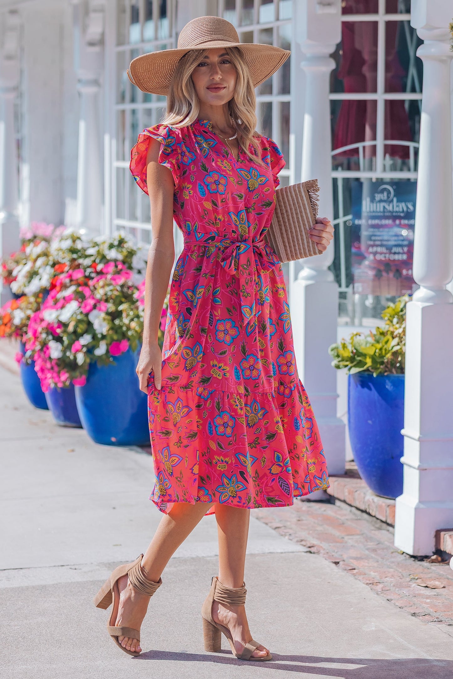 Rose Flutter Sleeve Belted Floral Dress