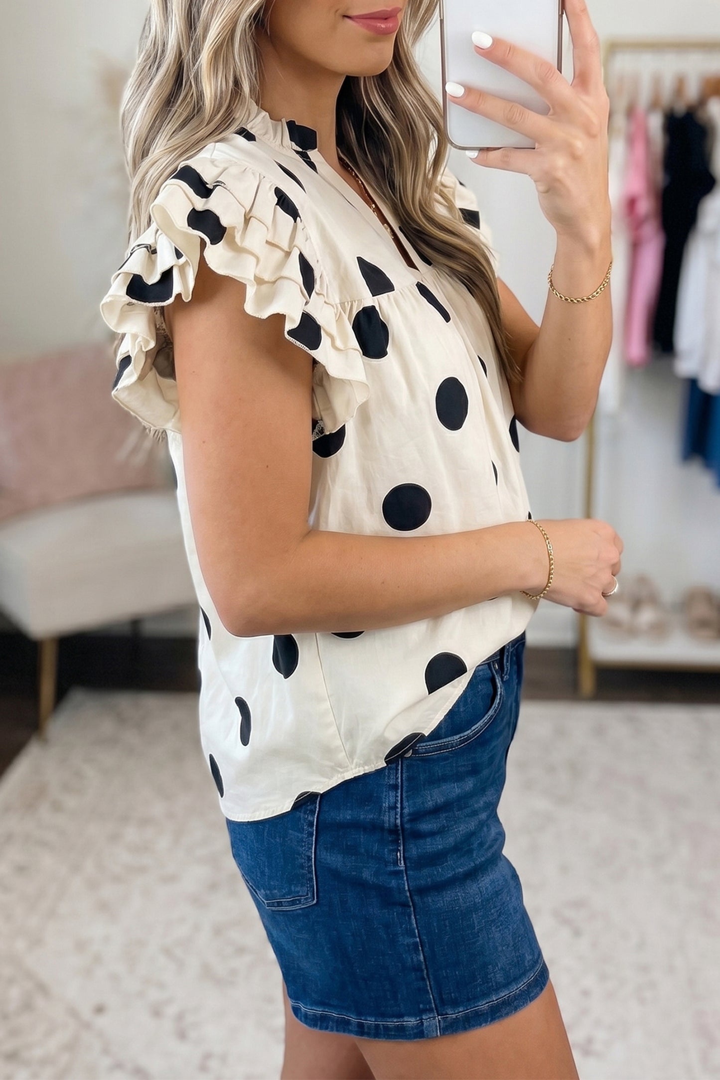 Polka Dot V-Neck Ruffle Short Sleeve Shift Blouse