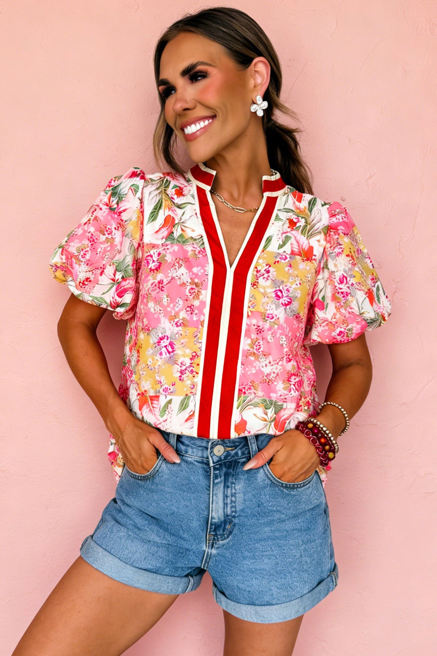 Pink Contrast Collared V Neck Floral Blouse