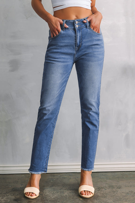 Double Button Raw Hem Slim Fit Jeans