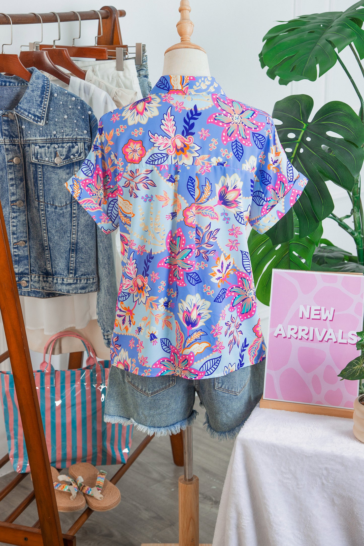 Floral Print V Neck Short Sleeve Blouse