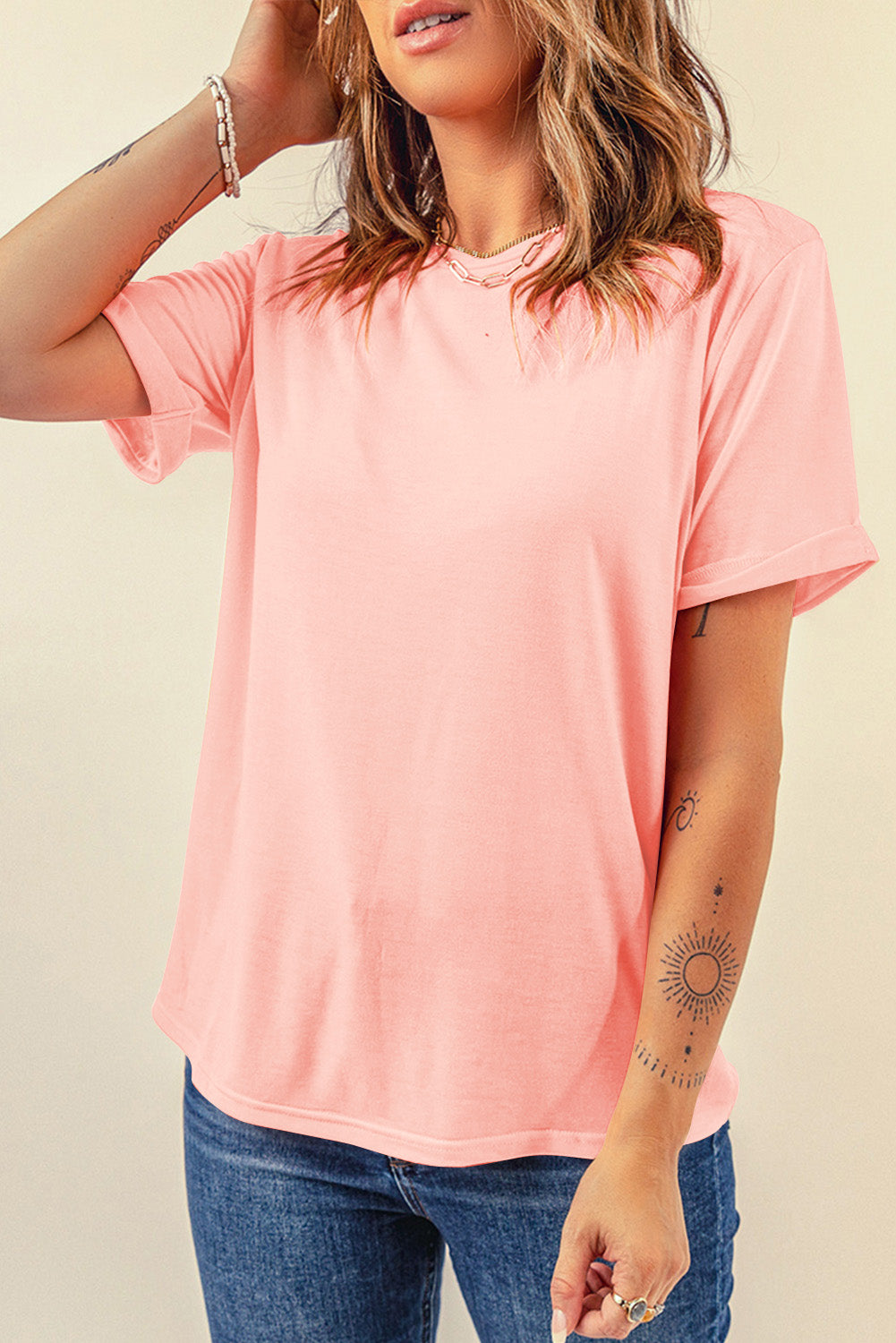 Dearlove Red Casual Plain Crew Neck Tee