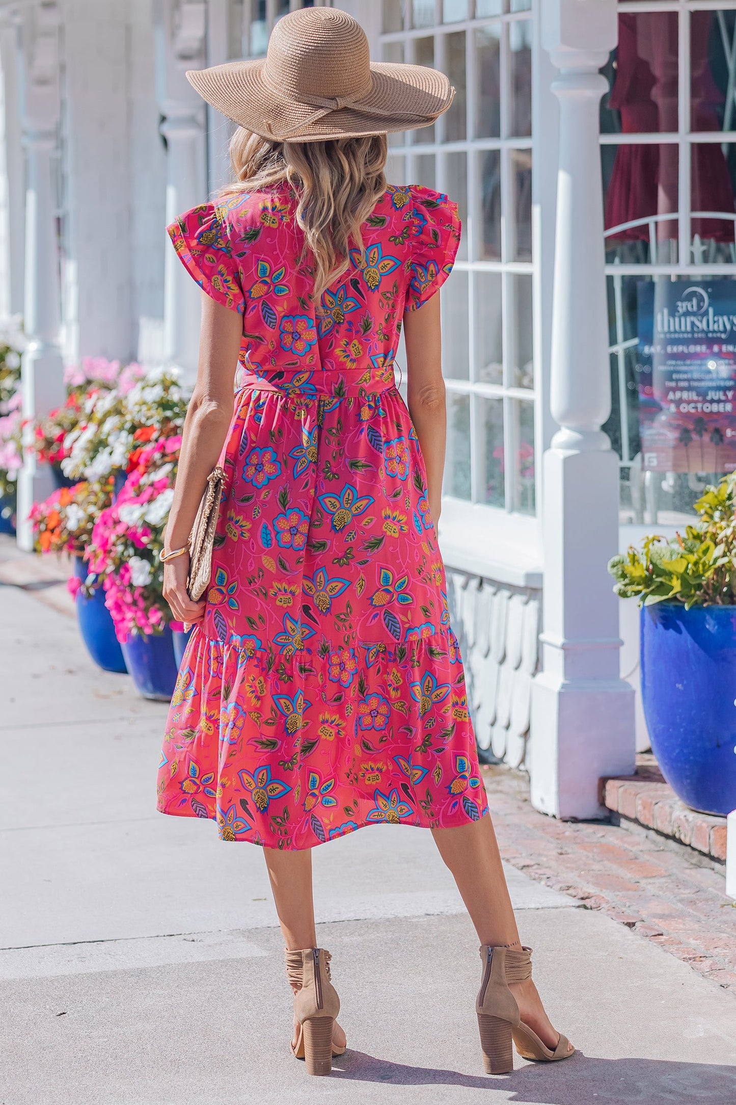 Rose Flutter Sleeve Belted Floral Dress