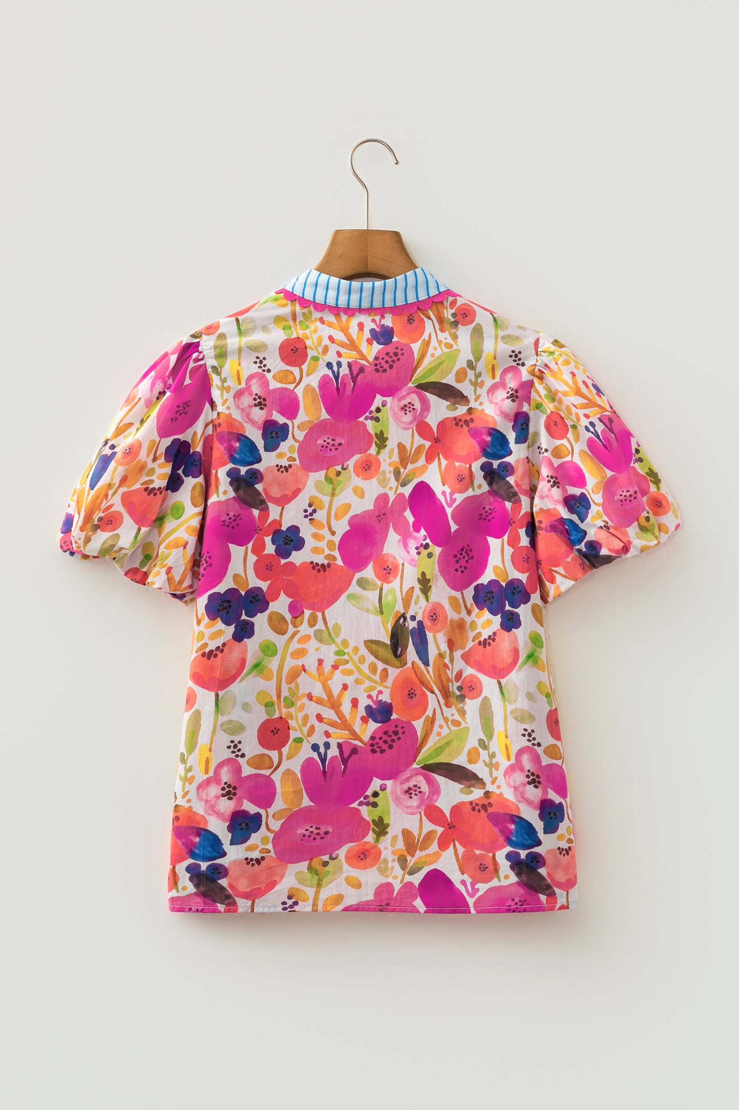 Floral Print V Neck Short Puff Sleeve Cotton Blouse