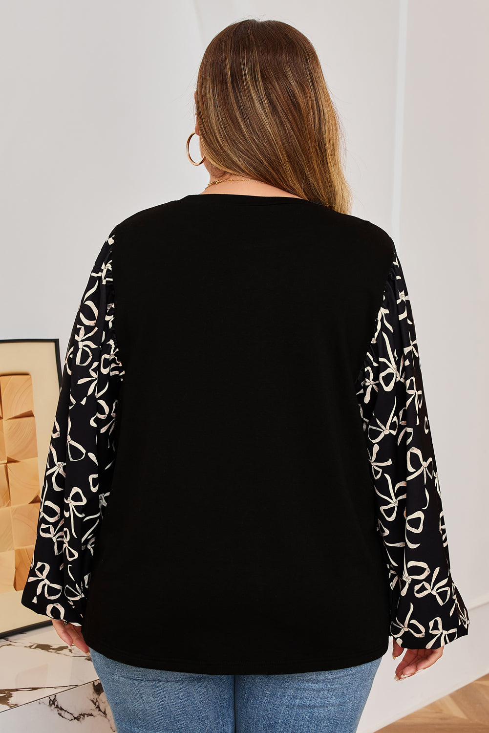 Black Bow Patchwork Crewneck Blouse