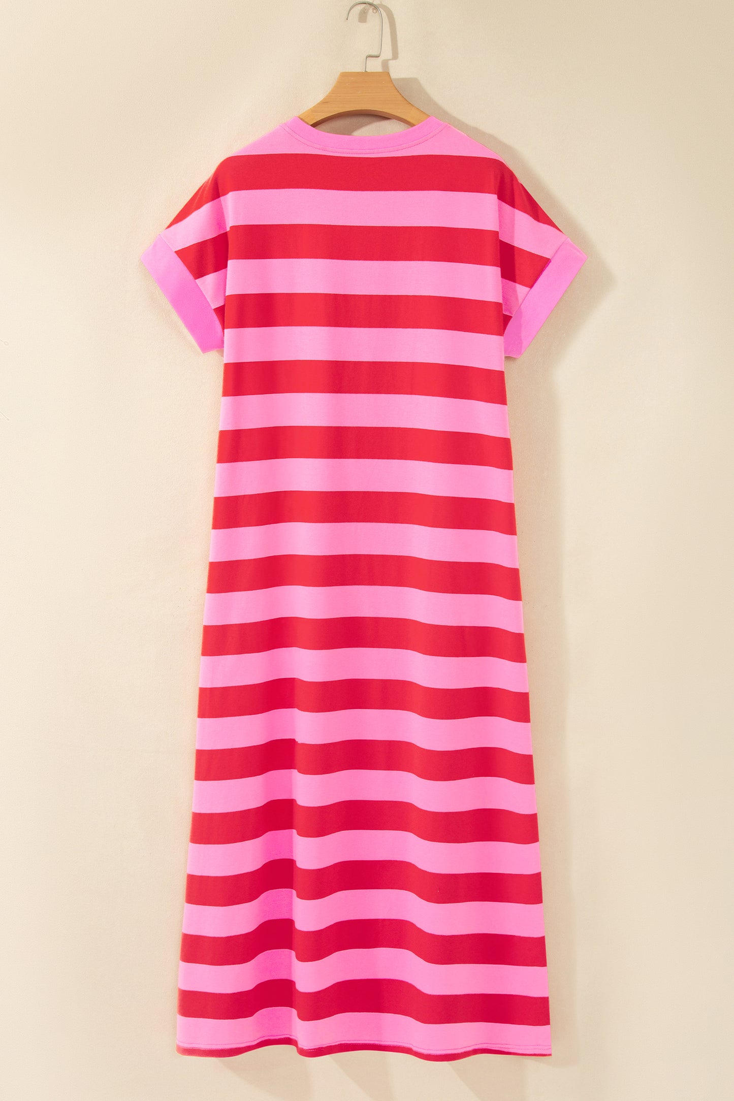 Stripe Cuffed Short Sleeve Pocketed Casual T Shirt Long Dress
