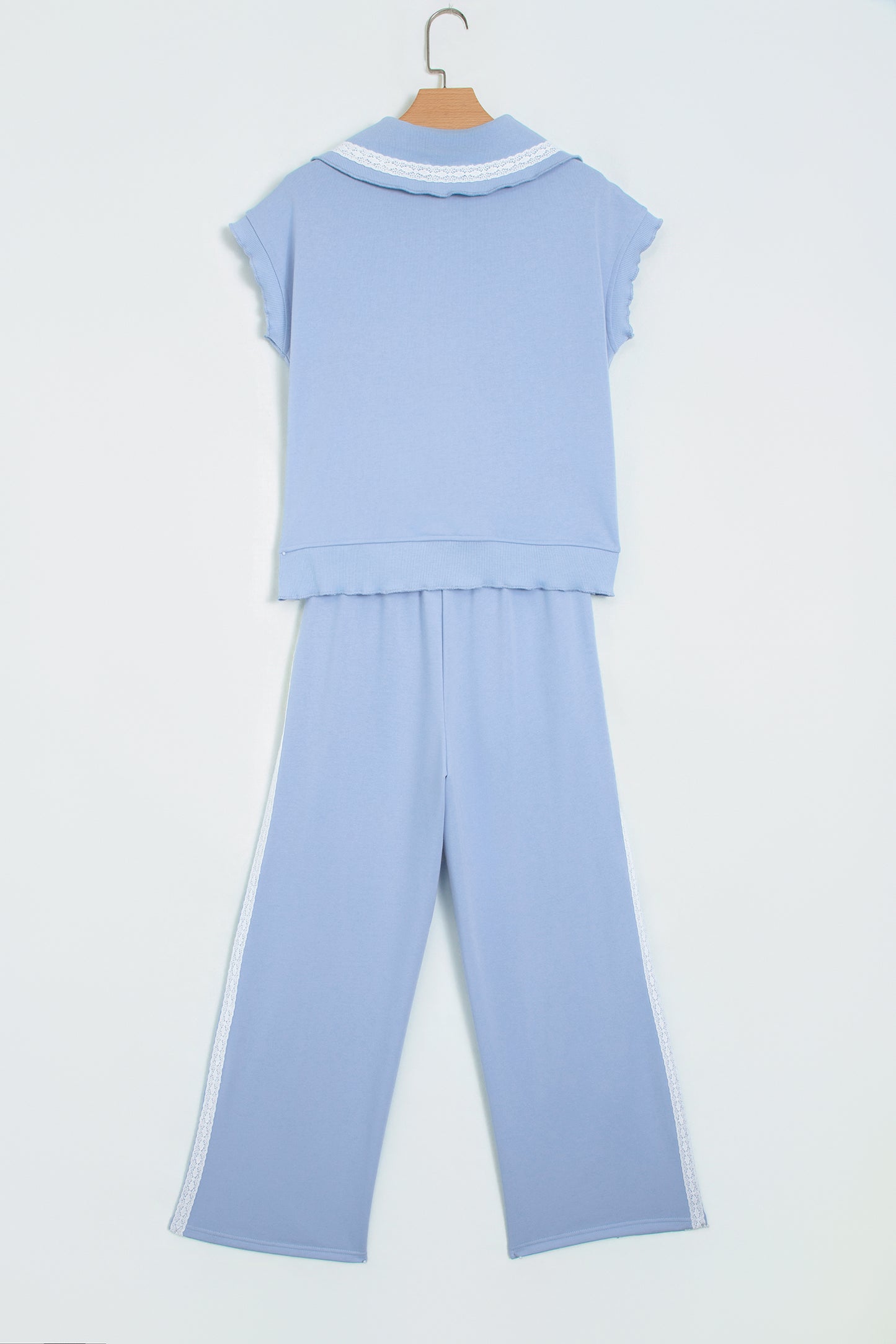 Sky Blue Lace Accent Zipped Collar Sweatpants Set