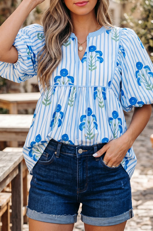 Sky Blue Floral Print Tie Neck Puff Sleeve Blouse