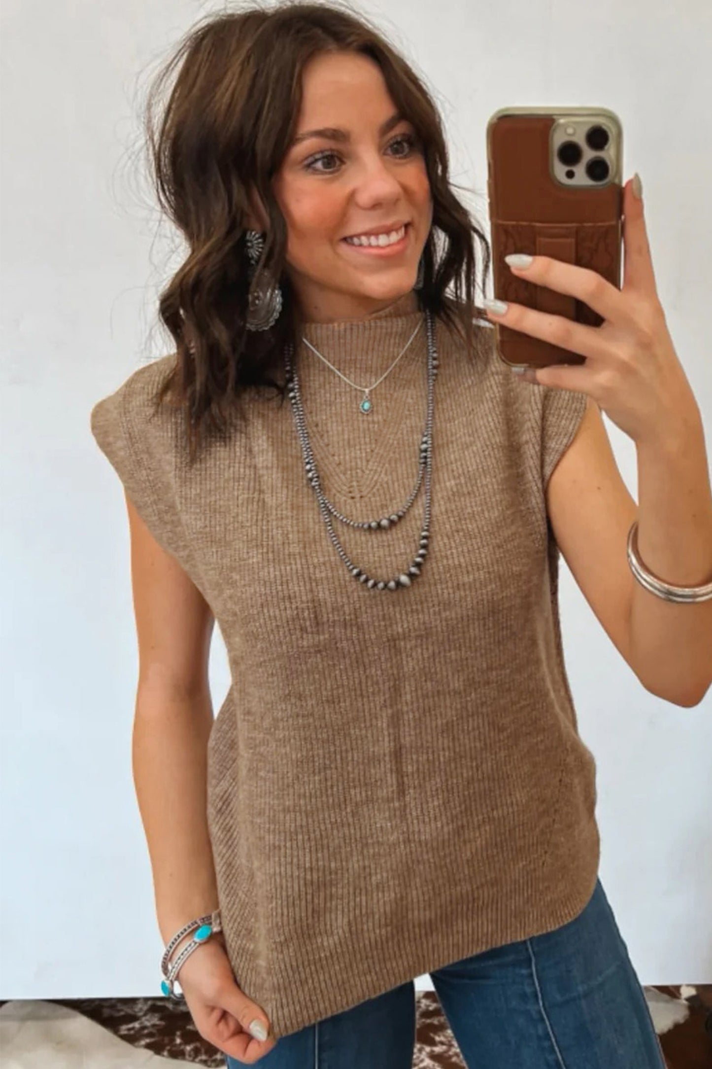 Beige Ribbed Knit Mock Neck Sweater