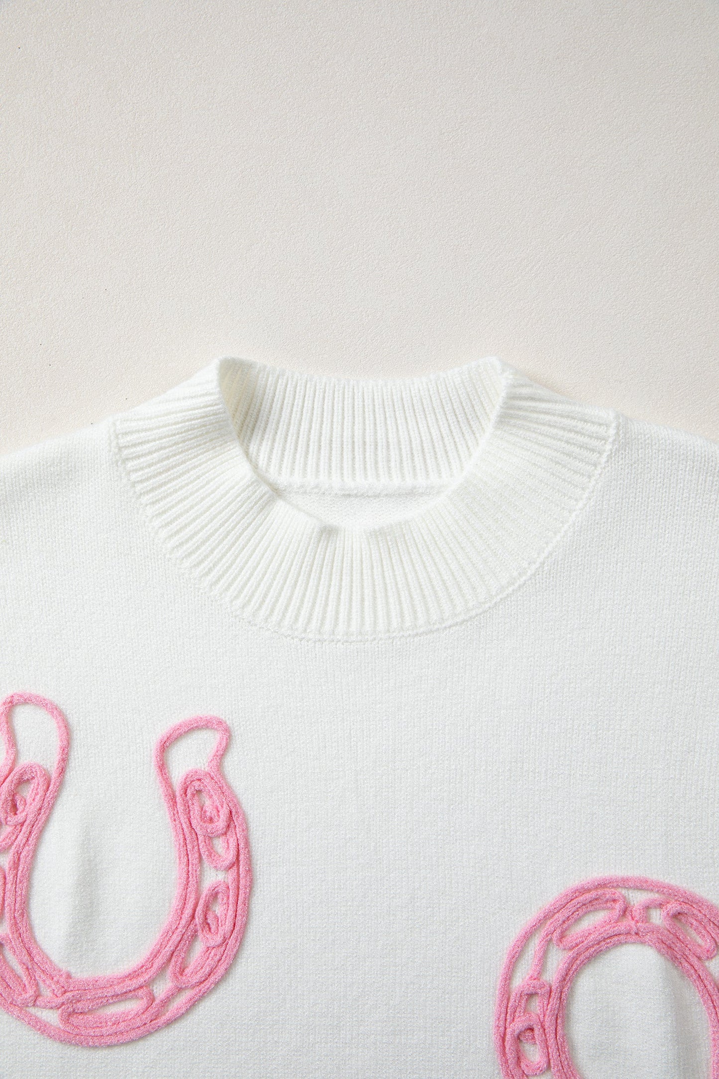 White Corded Horseshoes Ribbed Trim Mock Neck Short Sleeve Sweater