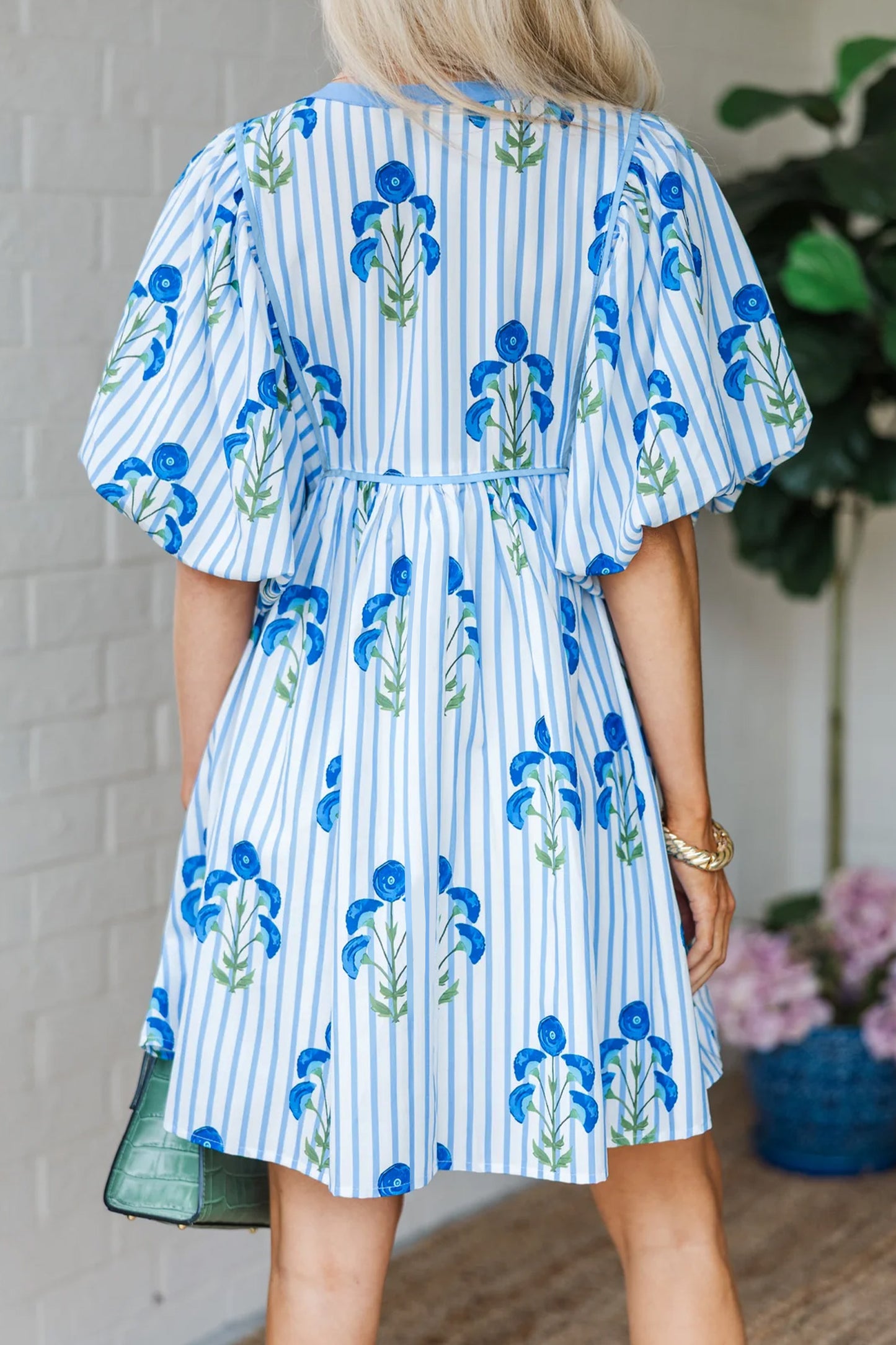 Floral Striped Print Tie Notched Neck Puff Sleeve Flared Mini Dress