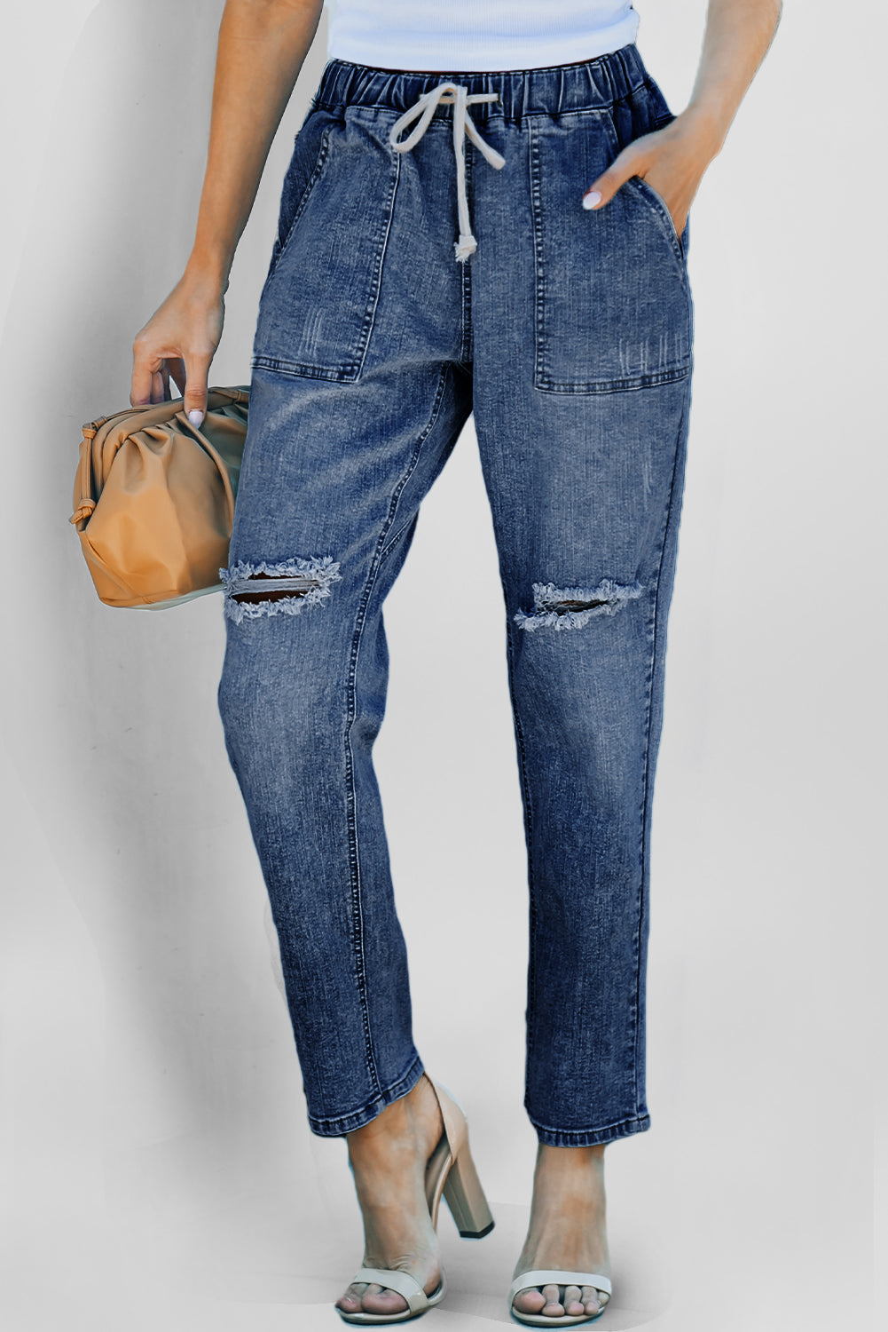 Distressed Pocketed Denim Jogger