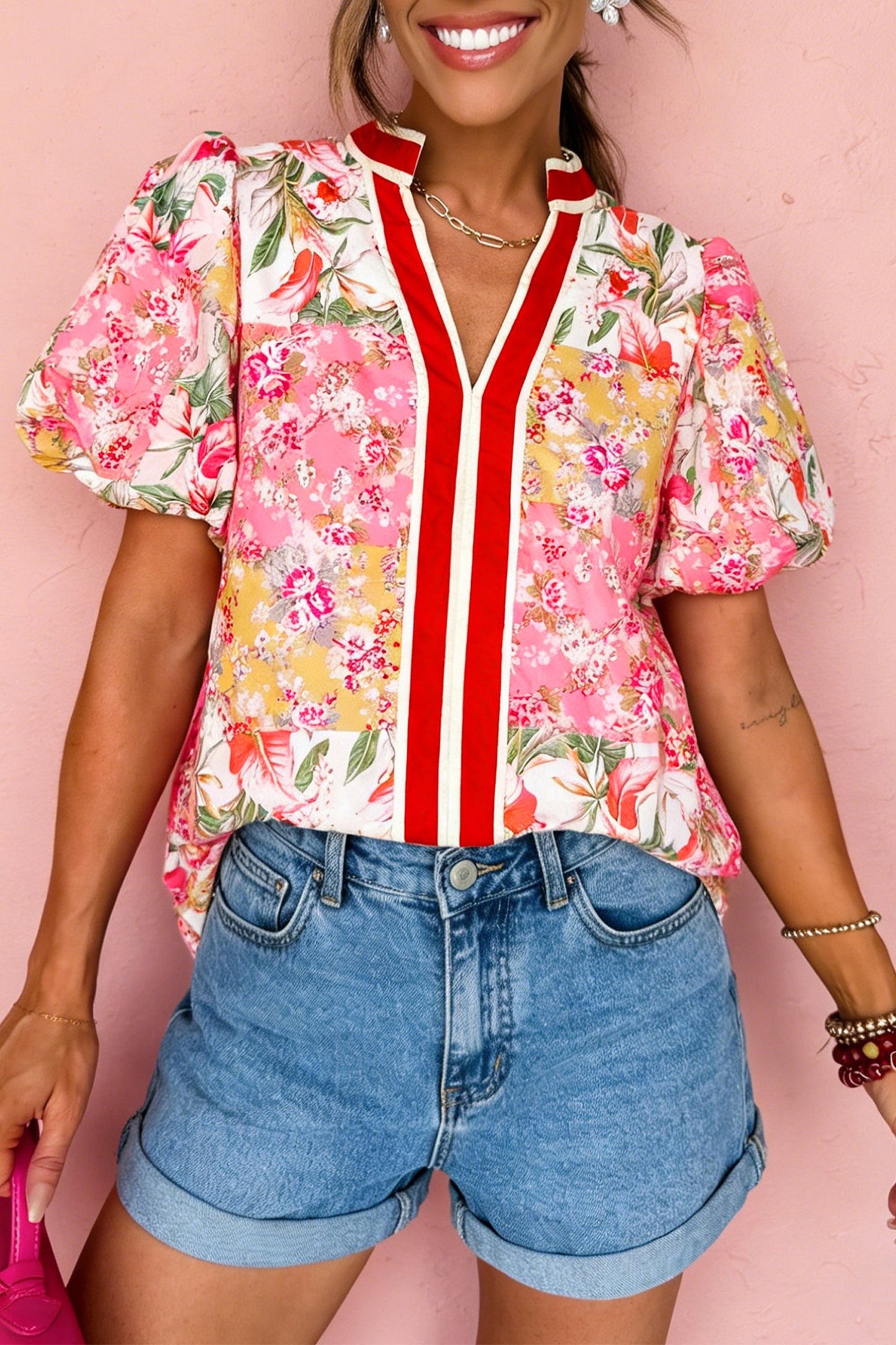 Pink Contrast Collared V Neck Floral Blouse