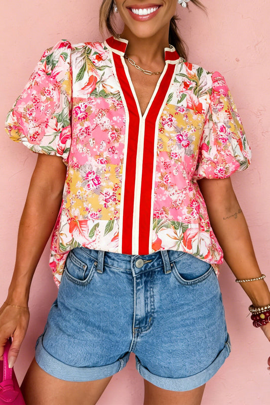 Pink Contrast Collared V Neck Floral Blouse
