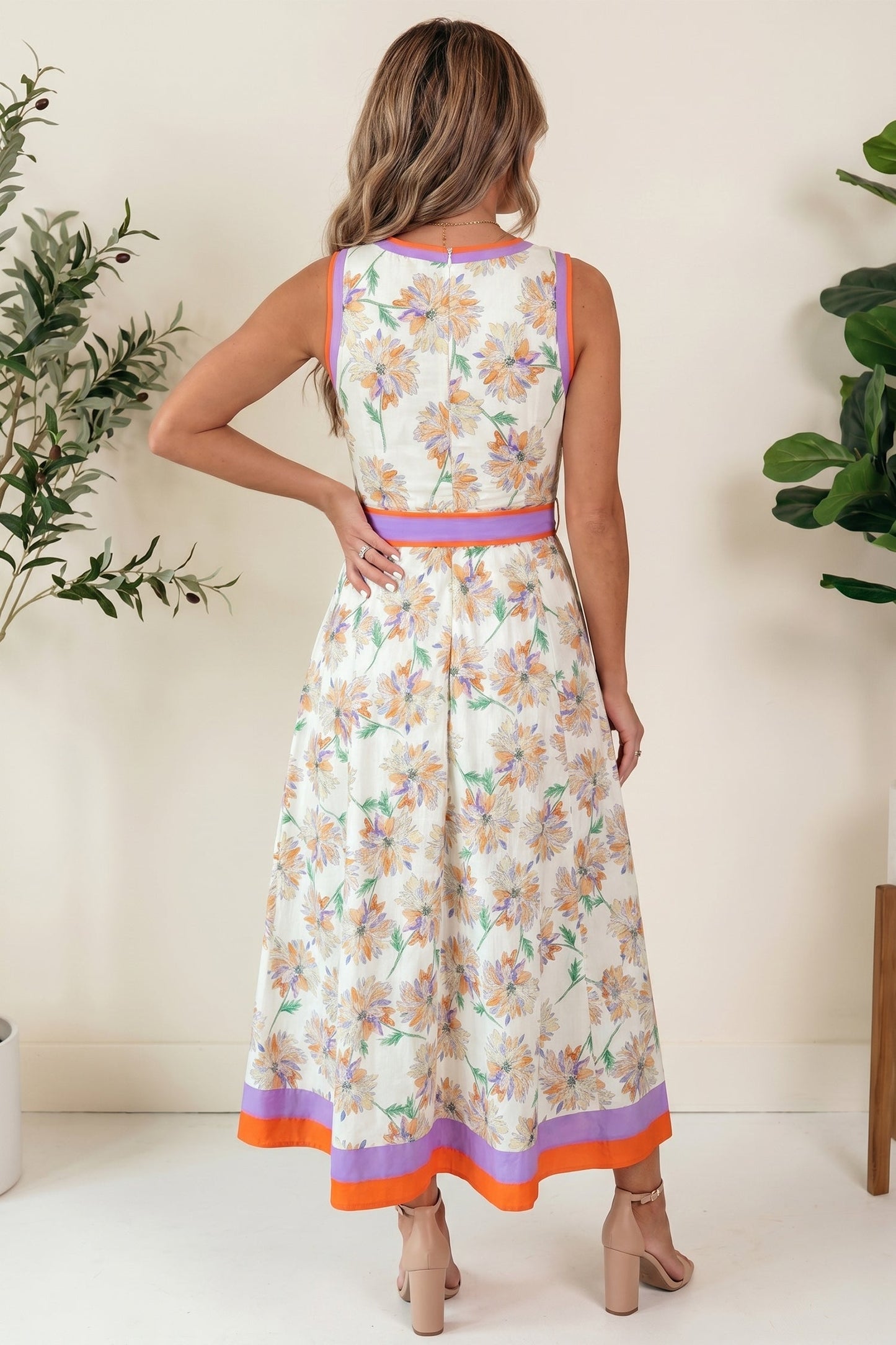 White Floral Print Color Block Trim Belted Sleeveless Maxi Dress