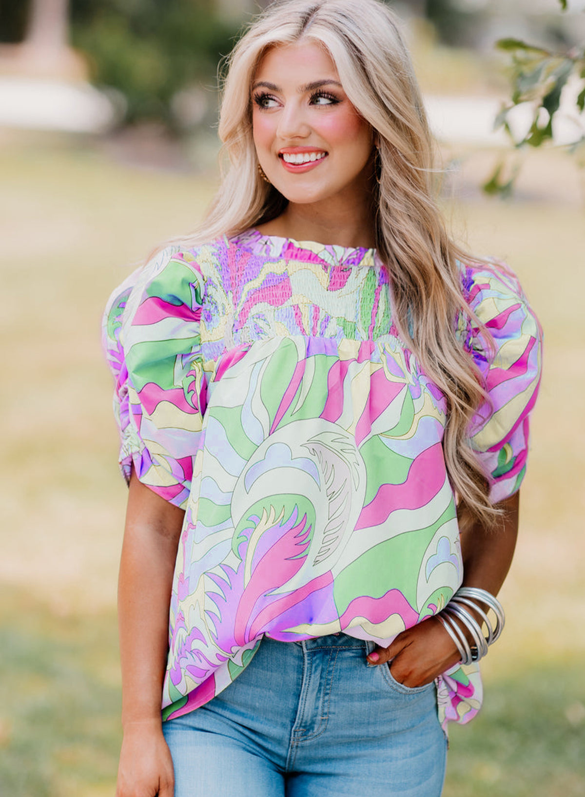 Abstract Print Bubble Sleeve Smock Detail Blouse