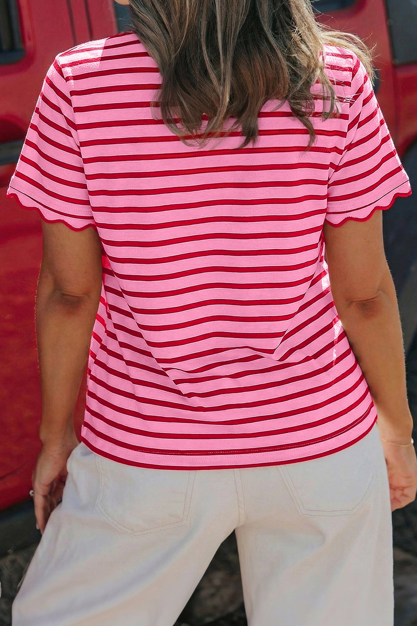 Pink Stripe Scalloped Trim Round Neck T Shirt