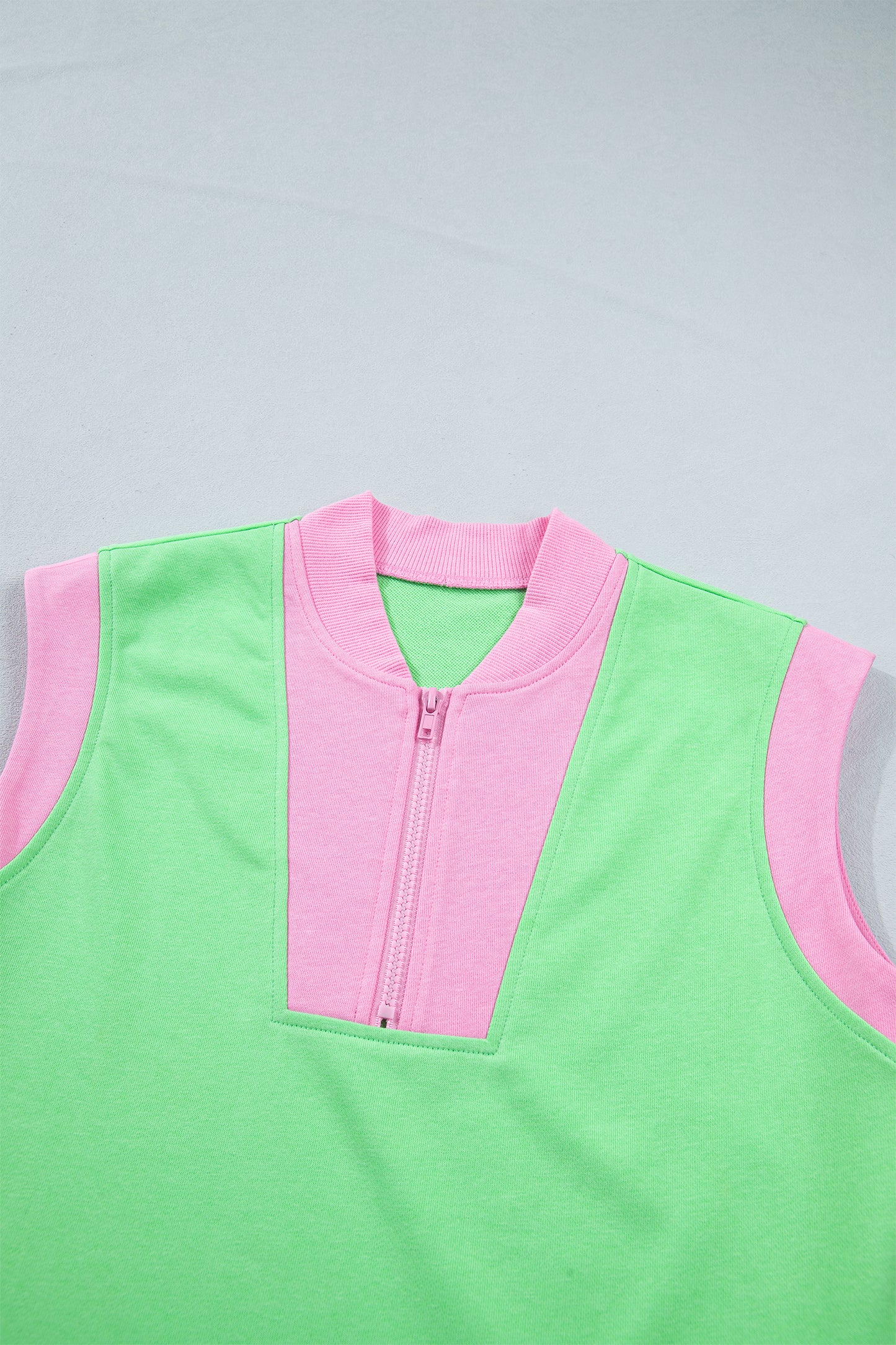 Green Color Block Accent Half Zip Top Athleisure Shorts Set