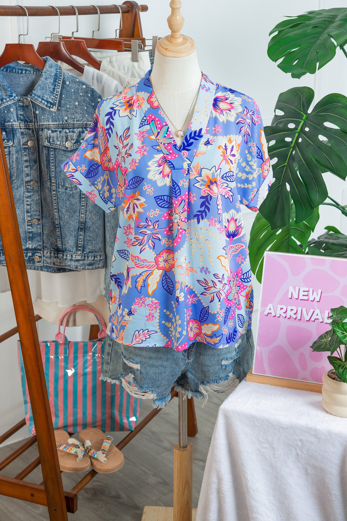 Floral Print V Neck Short Sleeve Blouse