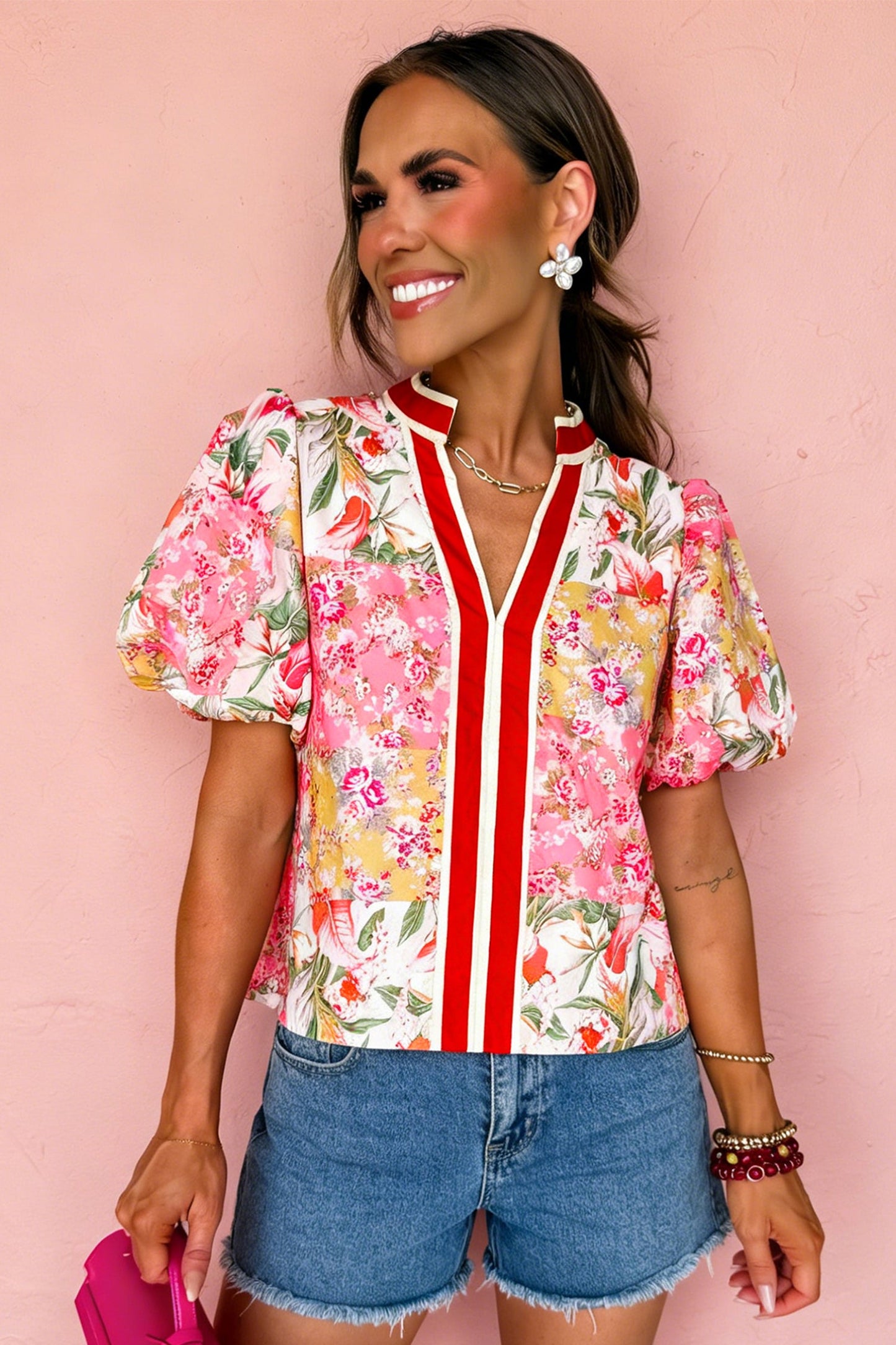 Pink Contrast Collared V Neck Floral Blouse