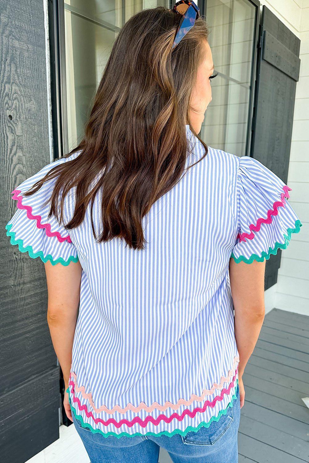 Stripe Ricrac Trim Split Neck Striped Ruffled Sleeve Blouse