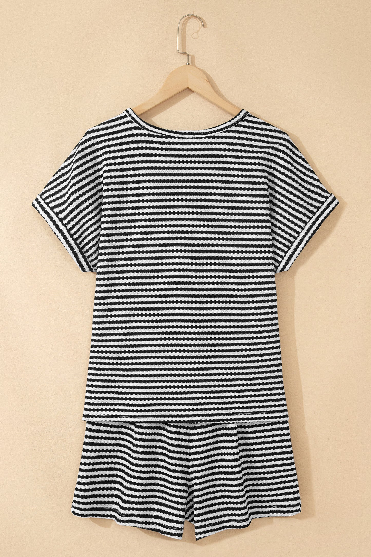 Pink Stripe Breathable Textured Knit Short 2pcs Set
