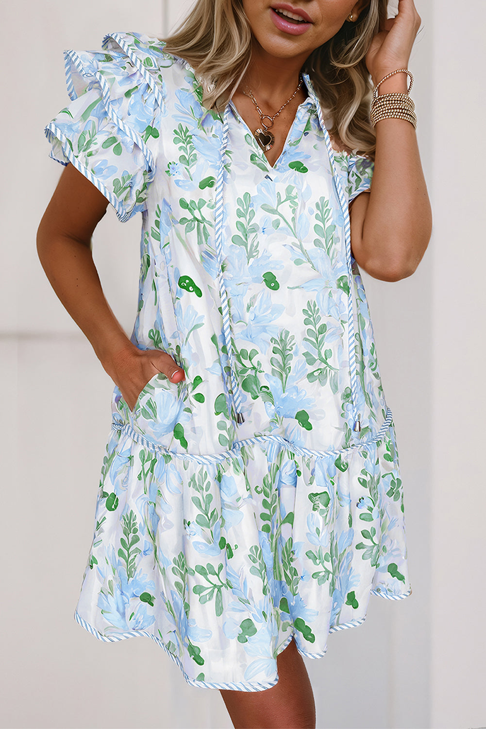 Floral Contrast Edge Layered Short Sleeve Mini Dress