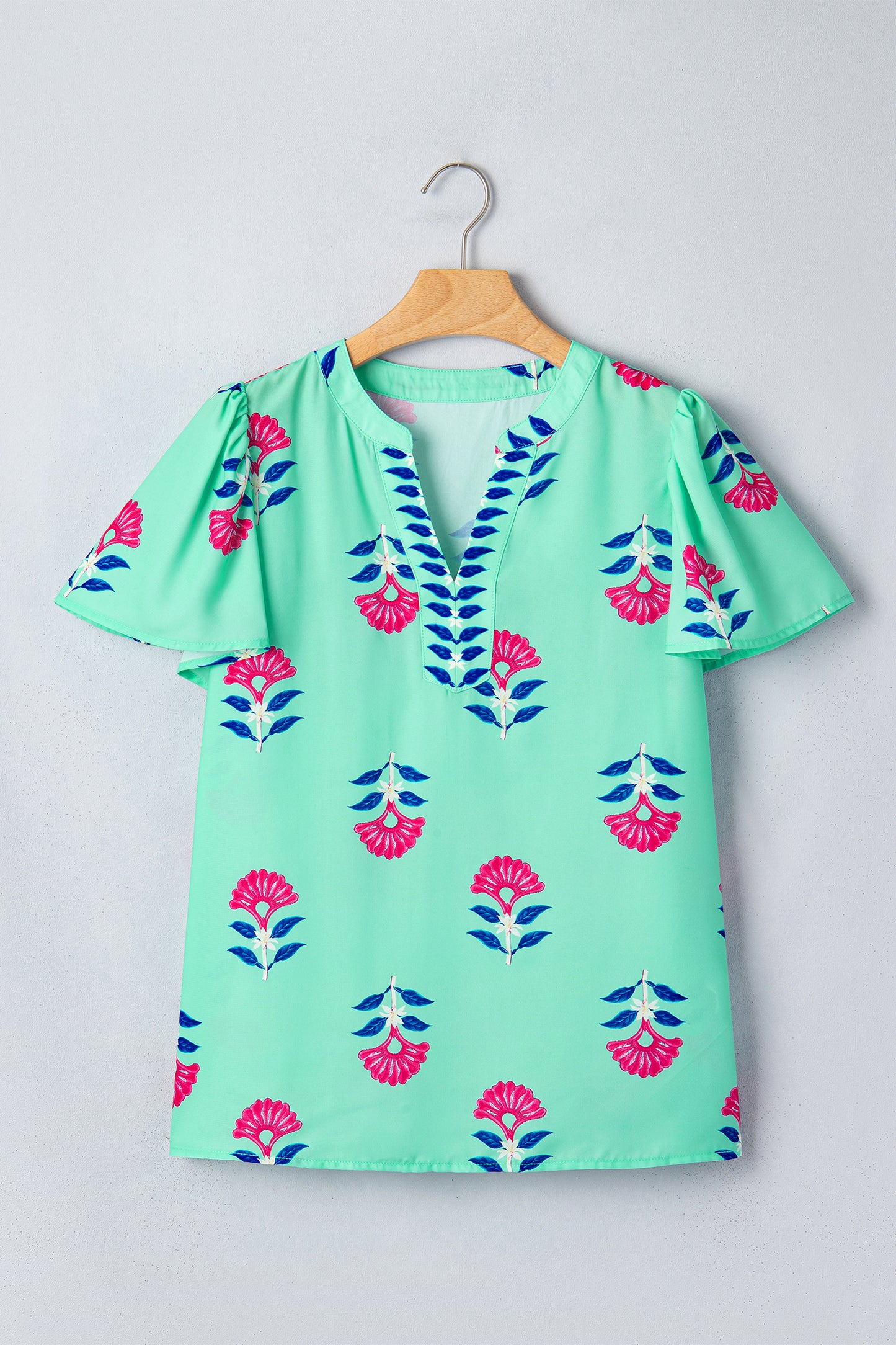 Floral V Neck Flutter Sleeve Blouse