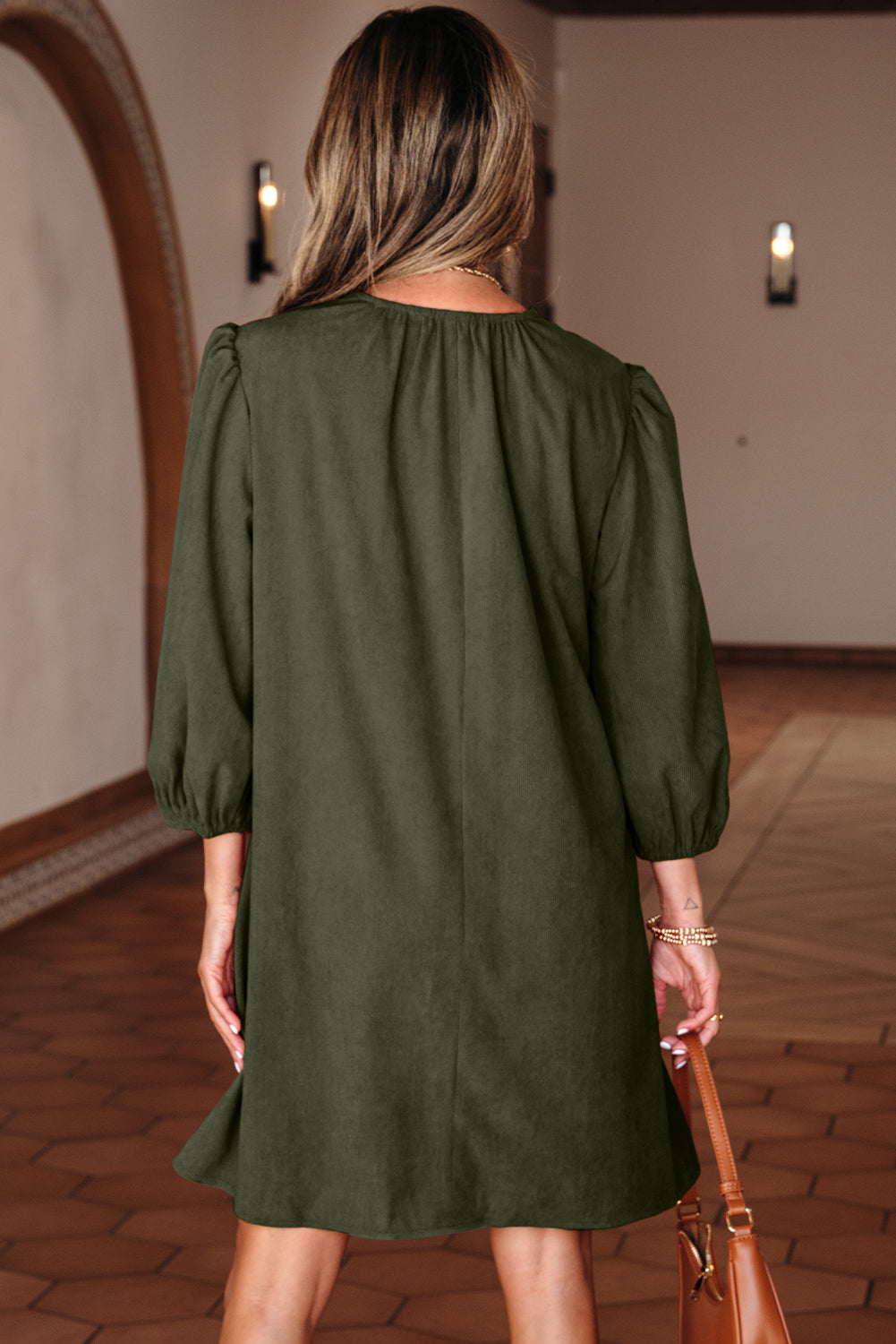 Scallop Detail Pleated Corduroy Mini Dress