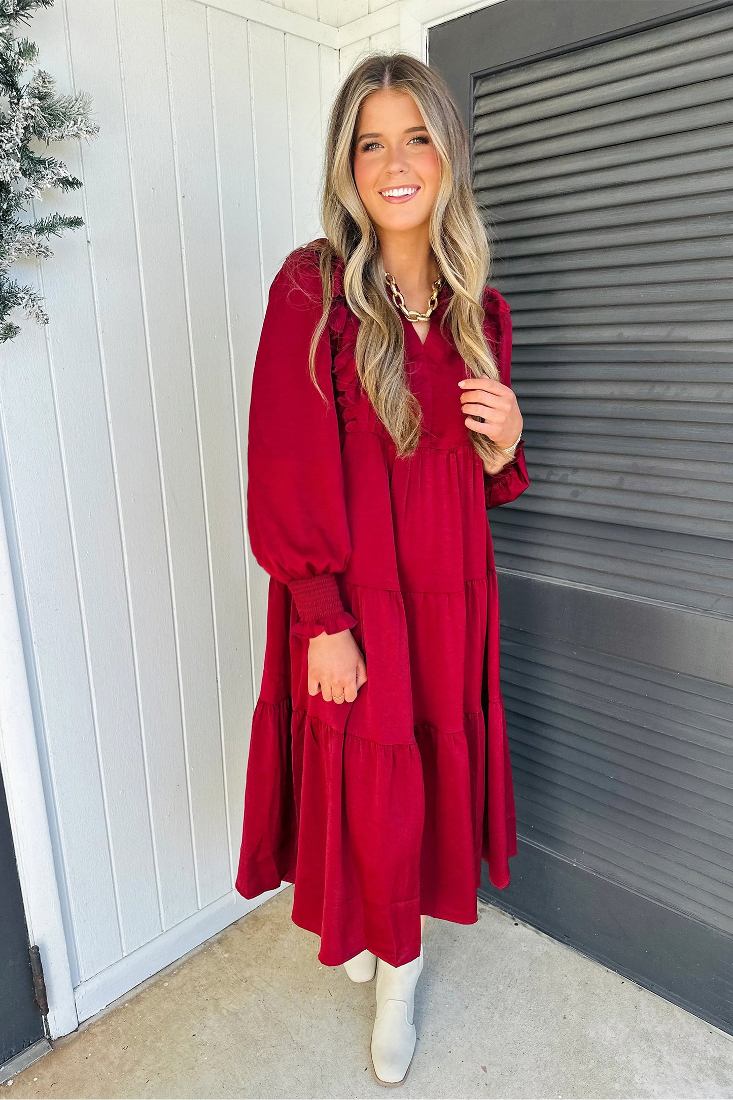 Ruffle Trim Long Sleeve Tiered Shift Midi Dress